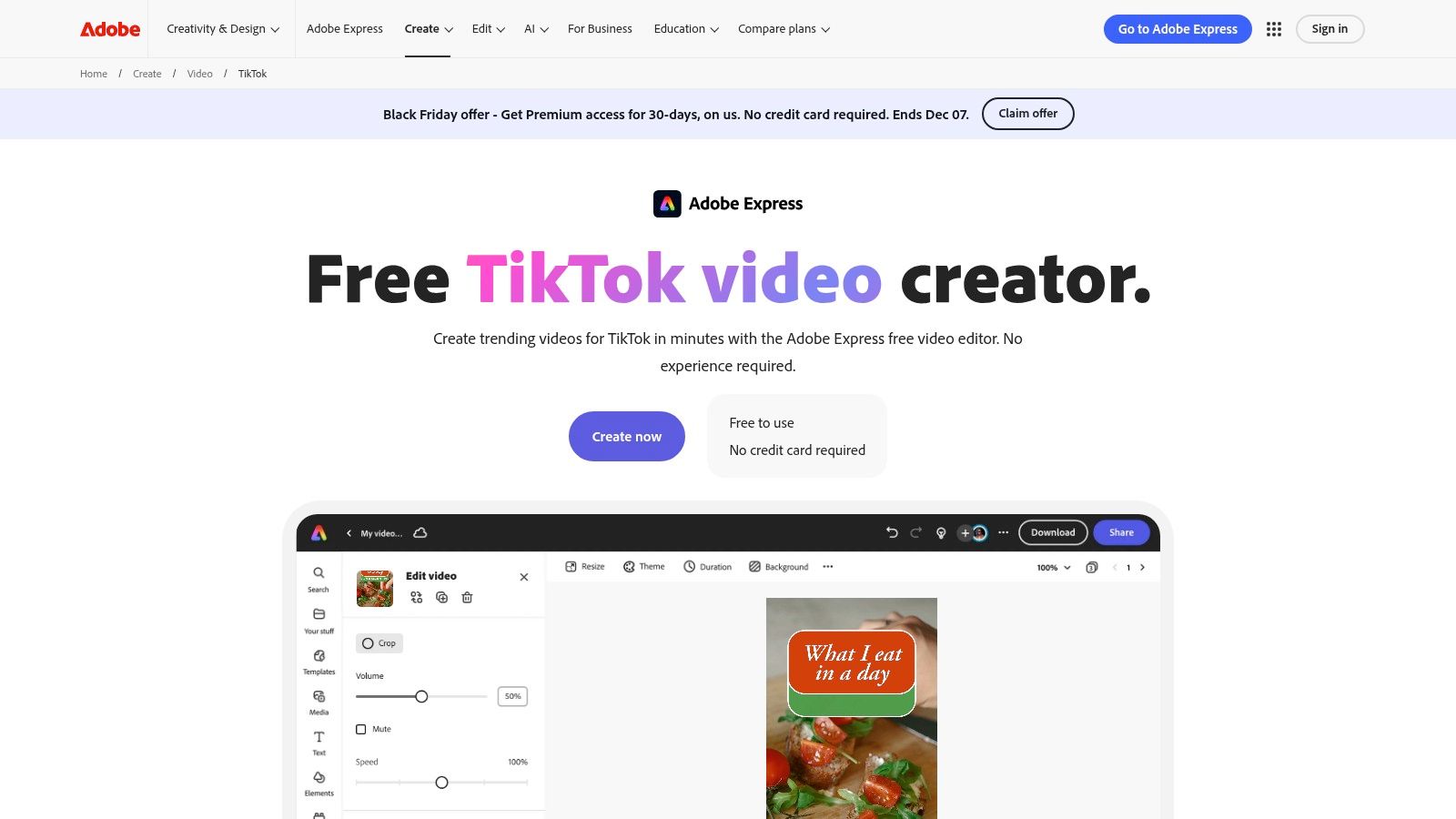Adobe Express's free TikTok video editor interface