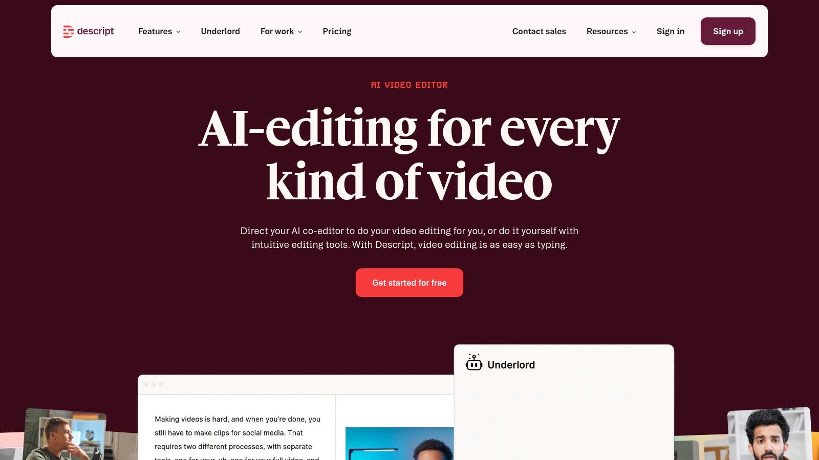 The text-based video editing interface of Descript, showing how to edit video by editing text.