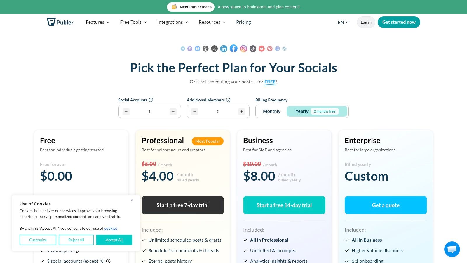 Publer pricing plans showing Professional and Business tiers