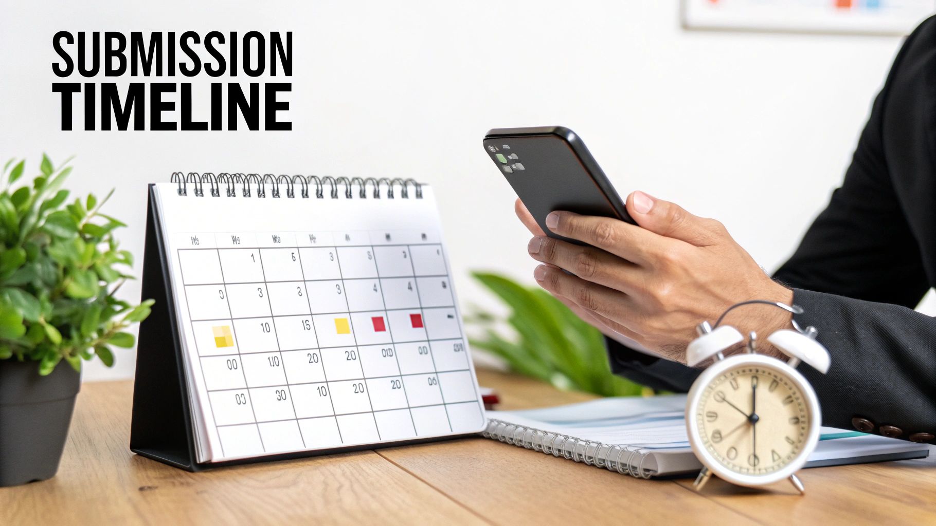 Person checking a smartphone next to a calendar with 'Submission Timeline' text, planning deadlines.