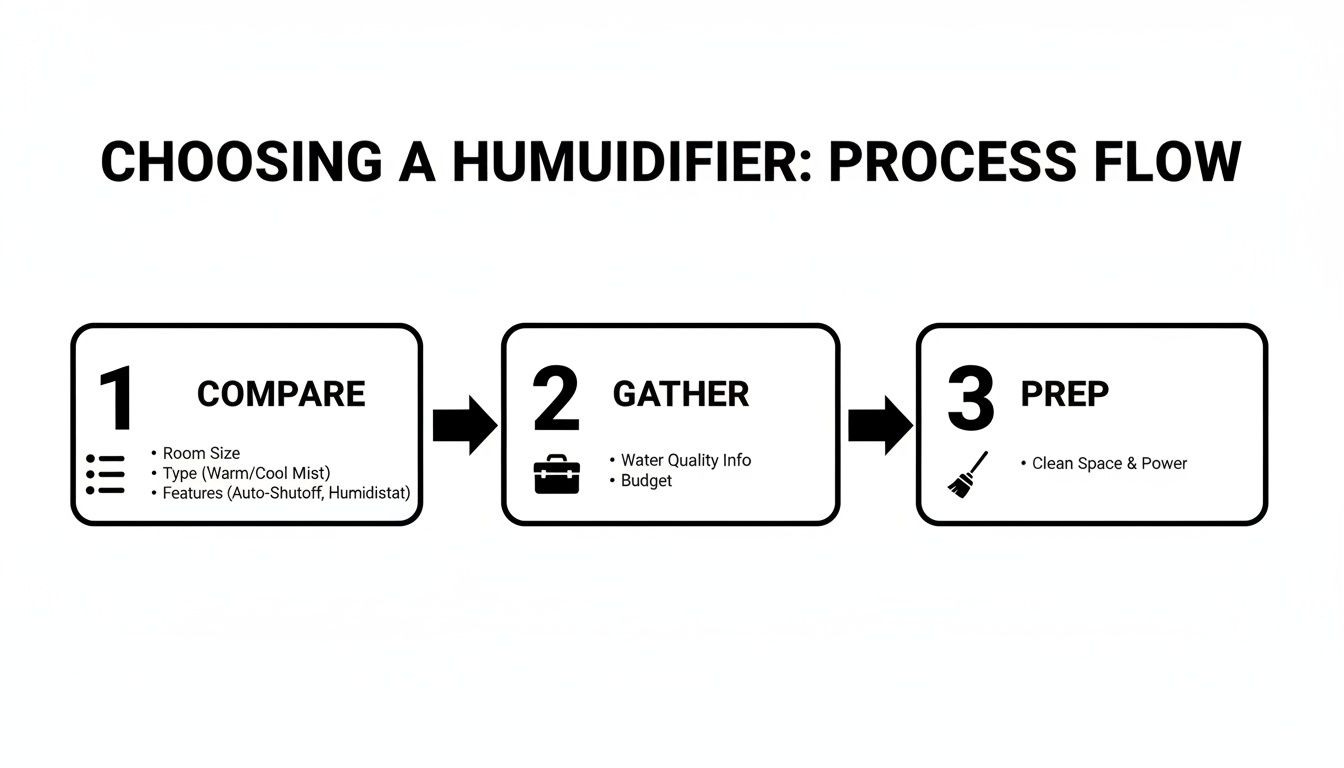 how to install whole home humidifier humidifier process how to install whole home humidifier So, what does it take to install a whole-home humidifier? In a nutshell, you're mounting the unit to your furnace's ductwork, tapping into a water line, and wiring it into the furnace controls. This is how it adds moisture to the air that gets pushed through your entire home, giving you consistent comfort everywhere. For the handy homeowner, it's definitely a doable weekend project, but you'll need to be comfortable with some basic plumbing, electrical, and sheet metal work. A process flow chart illustrating steps for choosing a humidifier, including comparing, gathering info, and preparation.