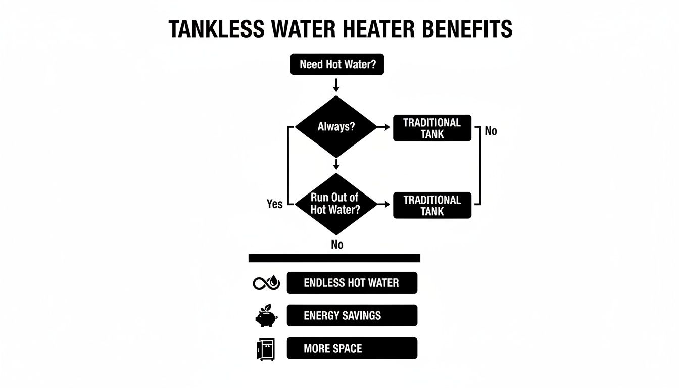 A flowchart detailing tankless water heater benefits, highlighting endless hot water, energy savings, and more space.