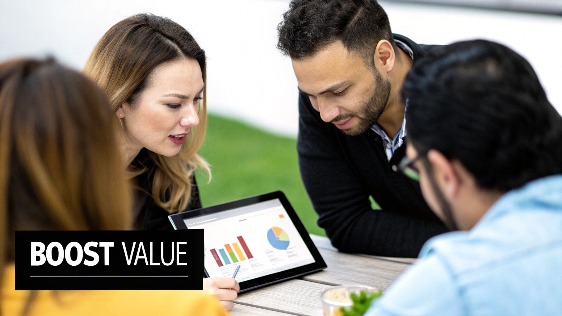 A team reviews business data and financial charts on a tablet, boosting value.