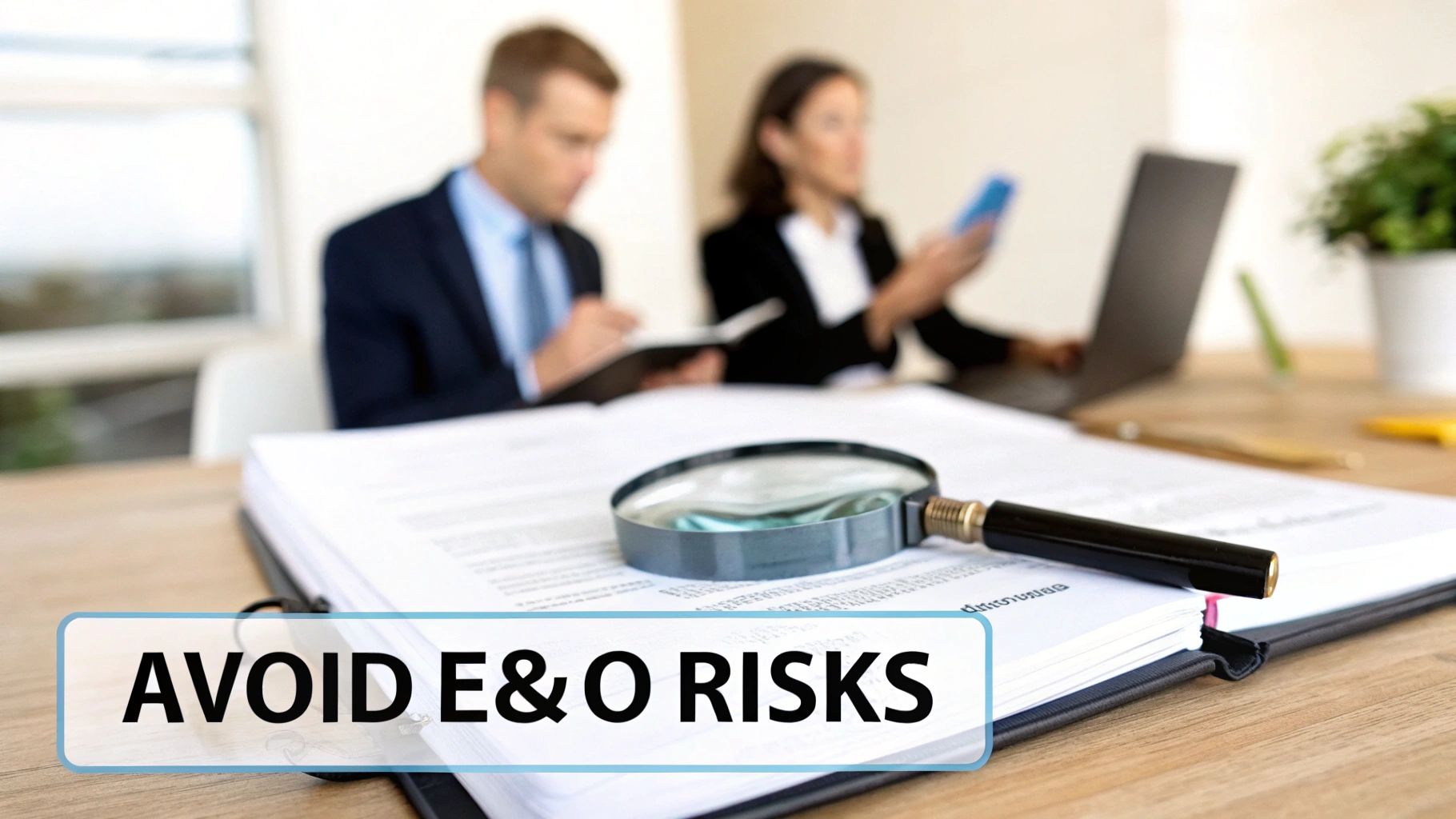 A magnifying glass on a document, with blurred business professionals working in the background, text says "AVOID E&O RISKS".