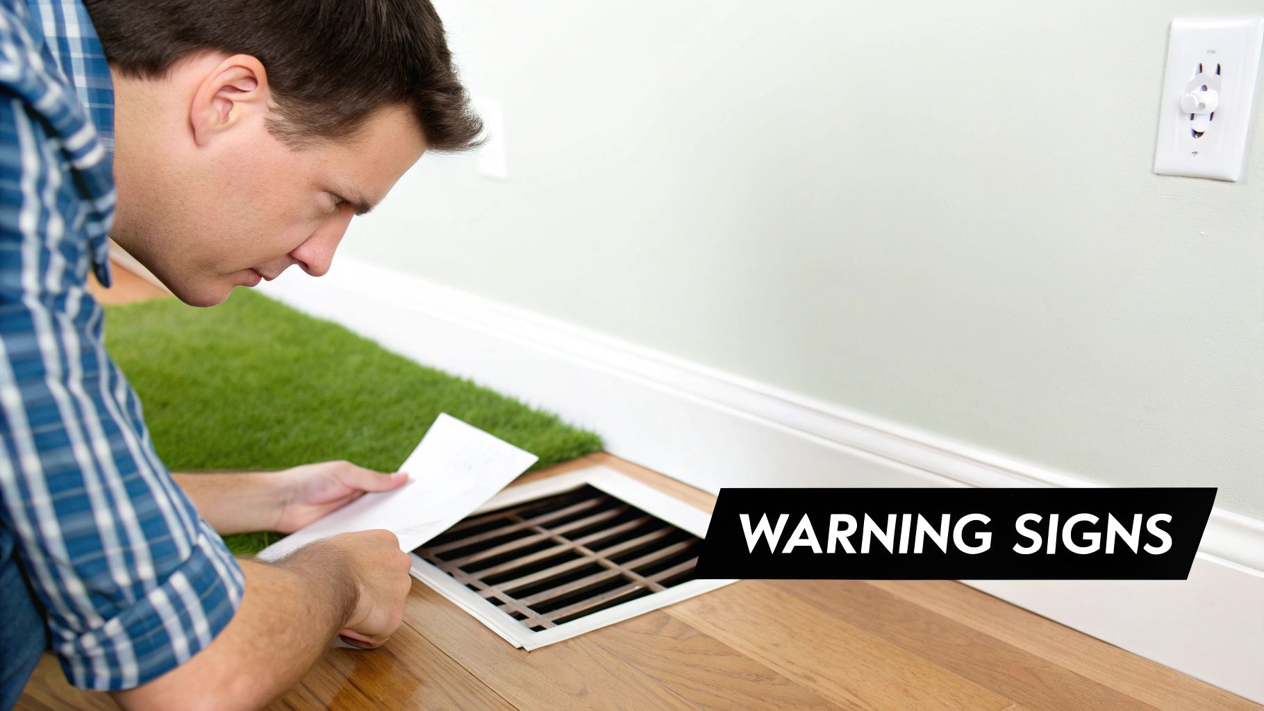 central air and heat vent inspection Your Complete Guide to Central Air and Heat in West Michigan A central air and heat system is your all-in-one solution for managing your home's climate from a single control point. It uses a network of ducts to move conditioned air around, giving you consistent temperature control for both heating and cooling in every room. Man in plaid shirt carefully inspecting a floor air vent with a document in hand, possibly looking for warning signs.