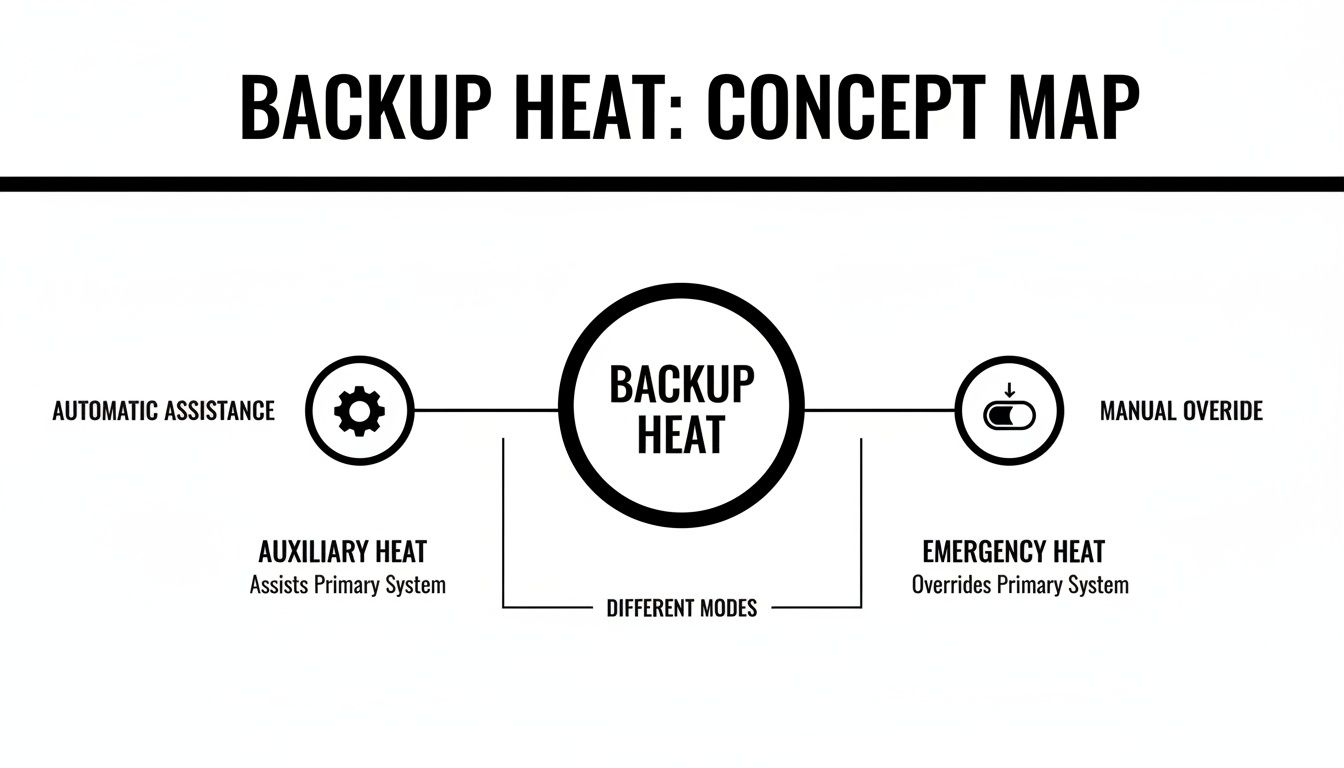 what is emergency heat mode backup heat modes What Is Emergency Heat Mode and When Should You Use It? When you see "EM Heat" on your thermostat, it means you've manually switched your system to a backup heating source, completely bypassing your heat pump. Think of it as the ultimate safety net for your home's heating, a lifeline you only use when your main system is down for the count. A concept map illustrating backup heat modes, including automatic assistance (auxiliary) and manual override (emergency).