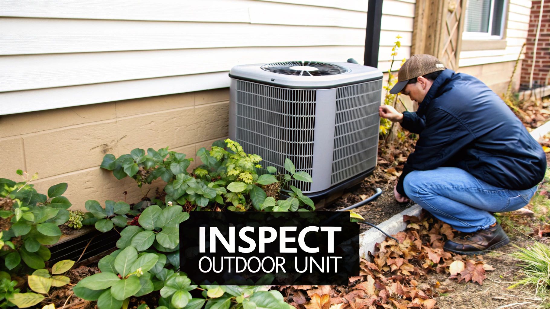 A man in a cap and jacket crouches, inspecting an outdoor air conditioner unit next to a house.