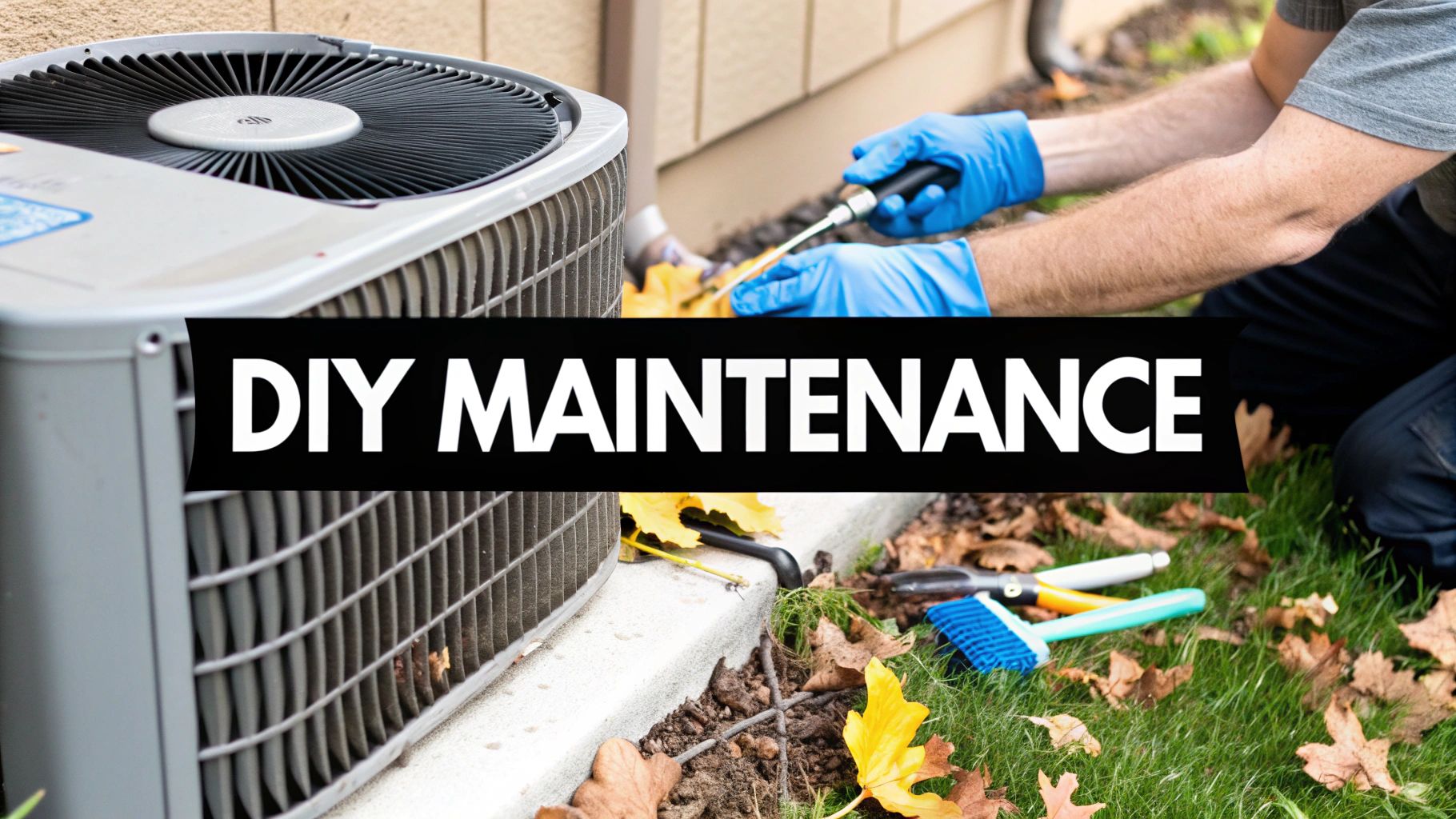 A person in blue gloves performs DIY maintenance on an an outdoor HVAC unit, surrounded by tools and autumn leaves.