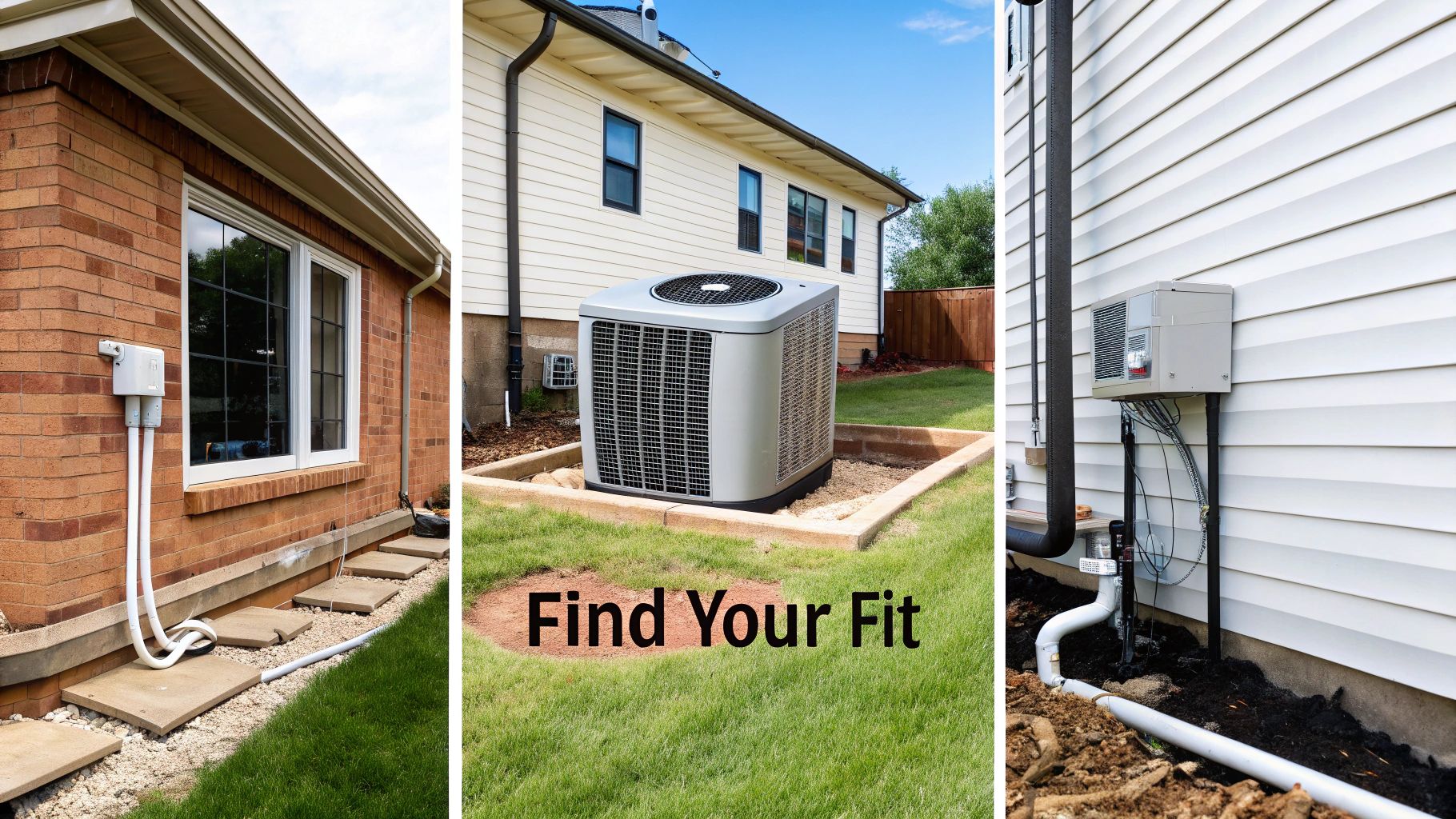 Three outdoor HVAC units, including a central AC unit and a mini-split, installed on residential homes.
