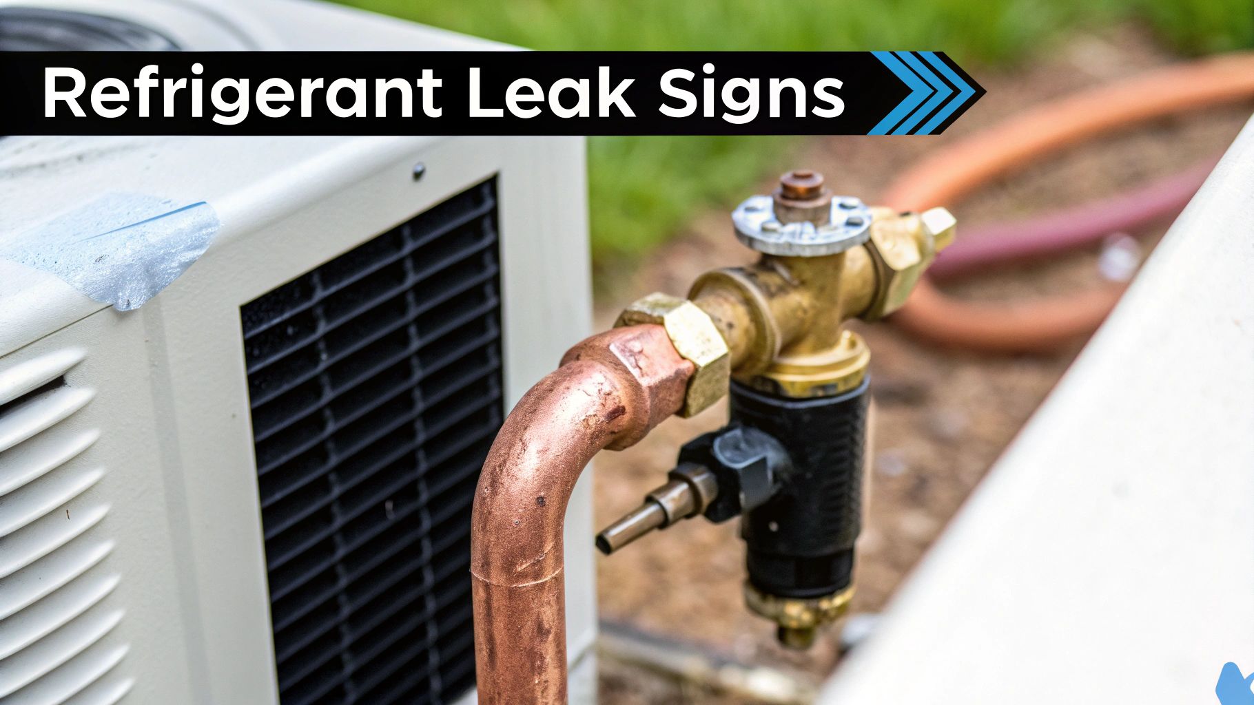 Close-up of an outdoor air conditioning unit's copper refrigerant lines and valve, with 'Refrigerant Leak Signs' text.