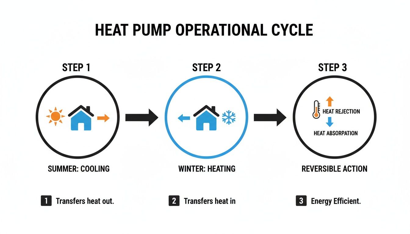 Diagram illustrating the heat pump operational cycle, showing cooling in summer and heating in winter.