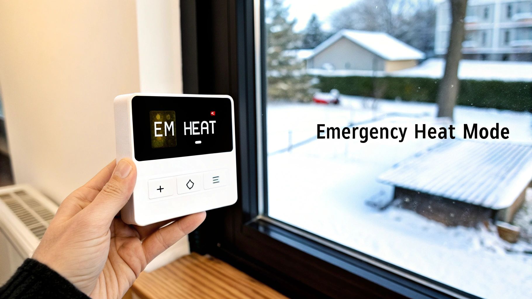 what is emergency heat mode thermostat heat What Is Emergency Heat Mode and When Should You Use It? When you see "EM Heat" on your thermostat, it means you've manually switched your system to a backup heating source, completely bypassing your heat pump. Think of it as the ultimate safety net for your home's heating, a lifeline you only use when your main system is down for the count. A hand holds a smart thermostat displaying 'EM HEAT' against a snowy winter background.