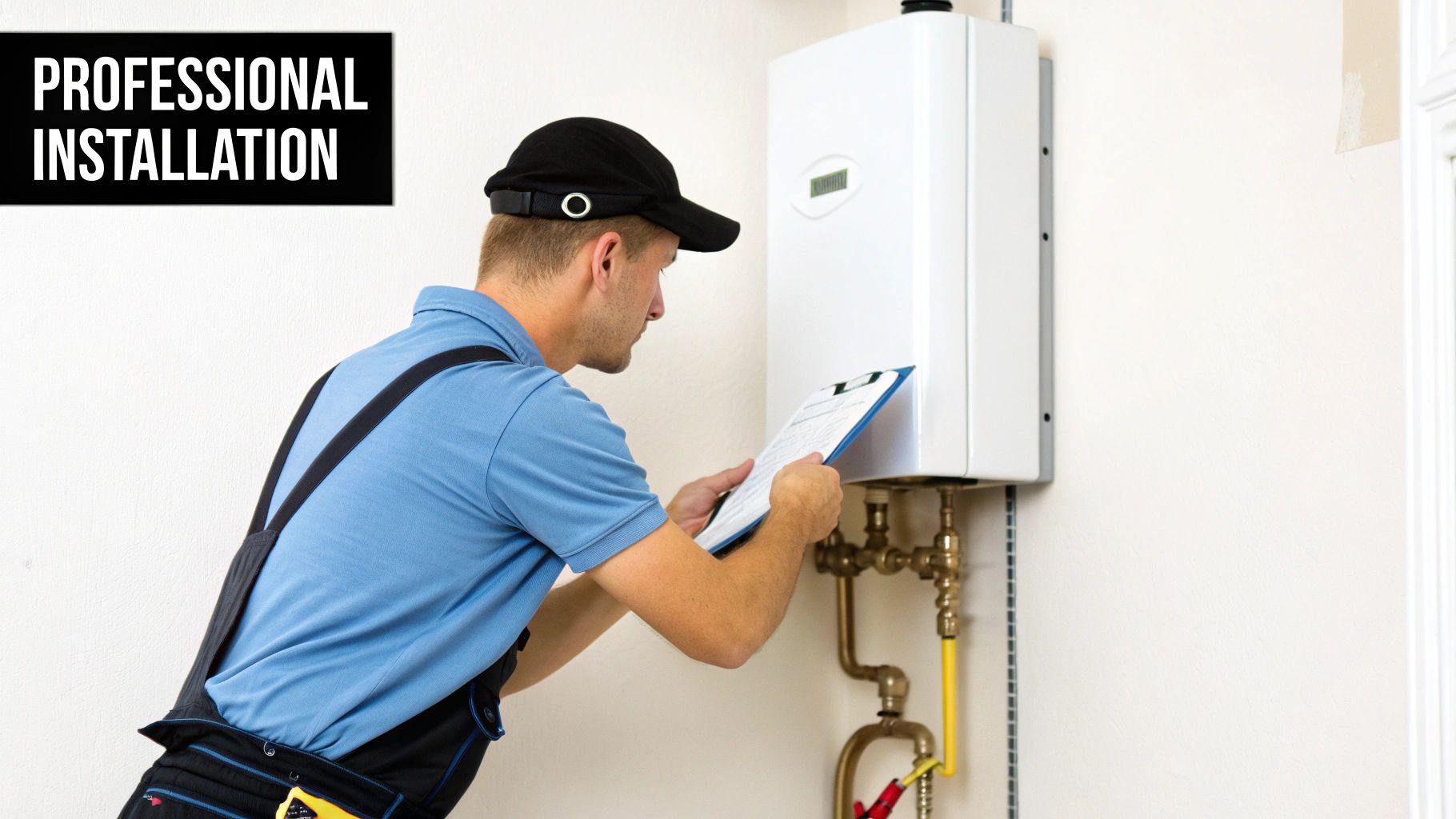 A professional technician in uniform inspects a white tankless water heater, holding a clipboard.