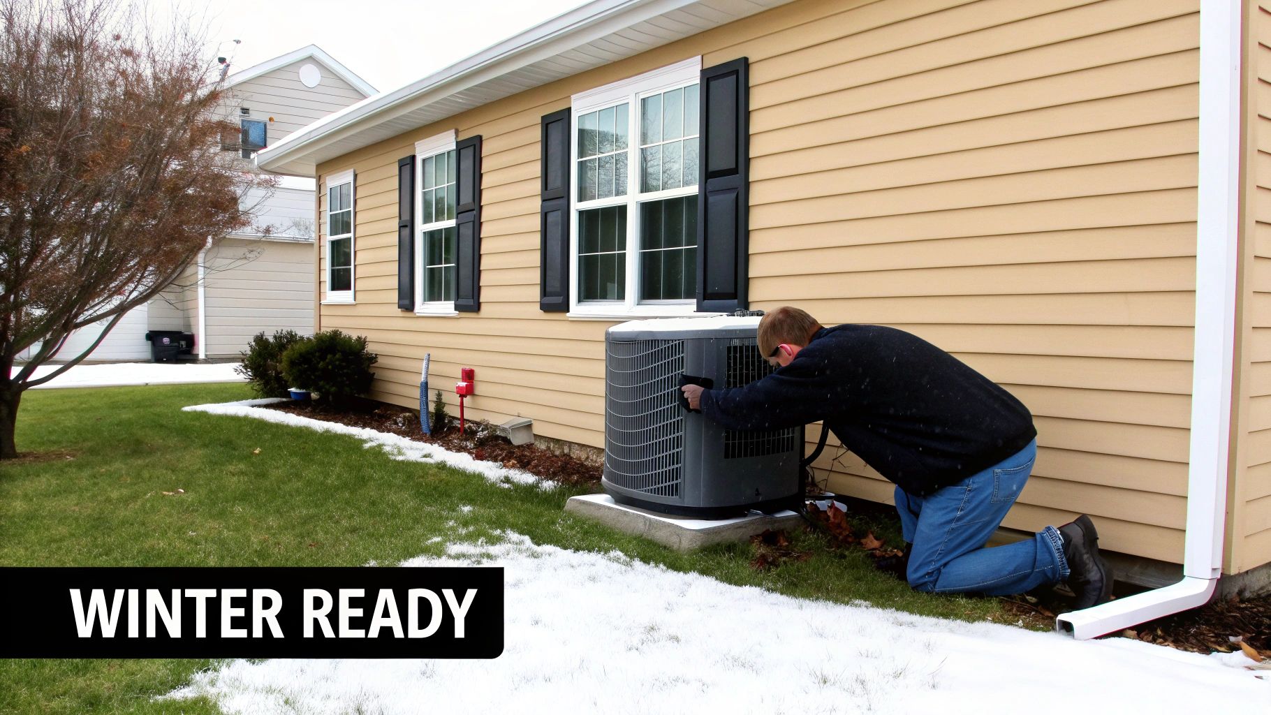 Man preparing an outdoor heat pump unit for winter in a snowy suburban yard.