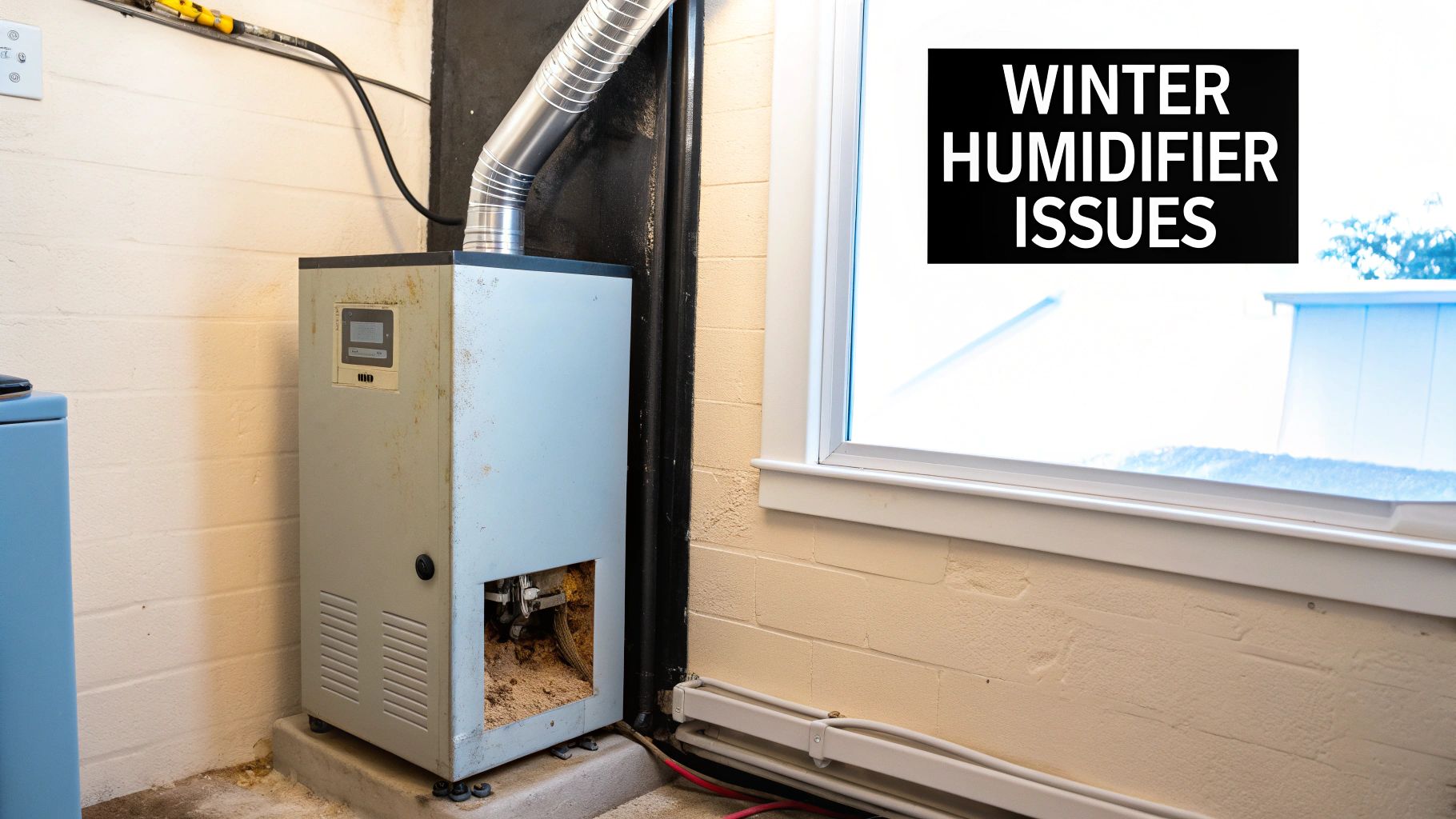 A basement furnace next to a snowy window, featuring a black box with 'Winter Humidifier Issues' text.