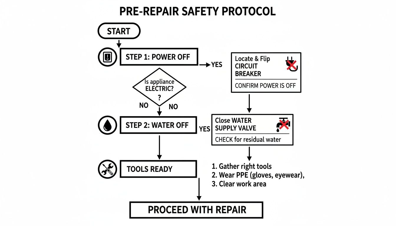 Flowchart outlining a pre-repair safety protocol, including power off, water off, and tools ready steps.