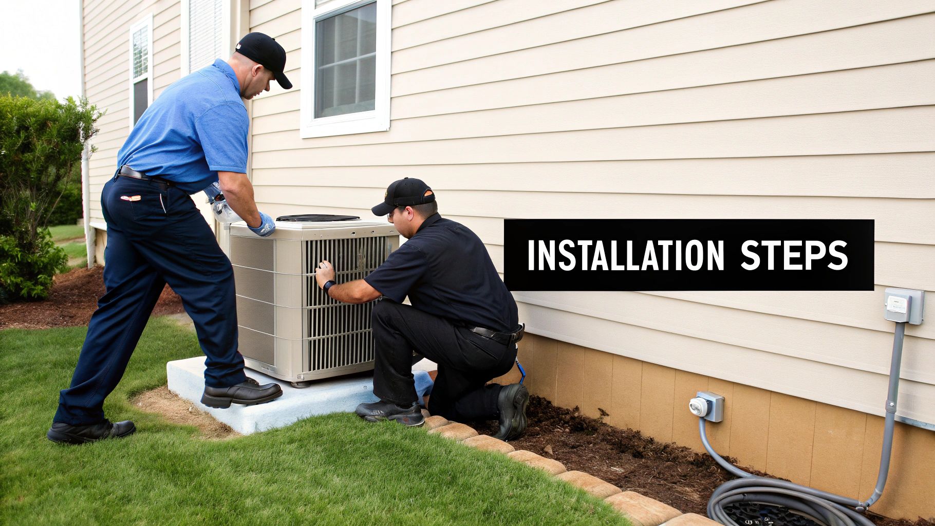central air and heat hvac installation Your Complete Guide to Central Air and Heat in West Michigan A central air and heat system is your all-in-one solution for managing your home's climate from a single control point. It uses a network of ducts to move conditioned air around, giving you consistent temperature control for both heating and cooling in every room. HVAC technicians installing a new air conditioning unit outside a residential home, displaying 'INSTALLATION STEPS'.