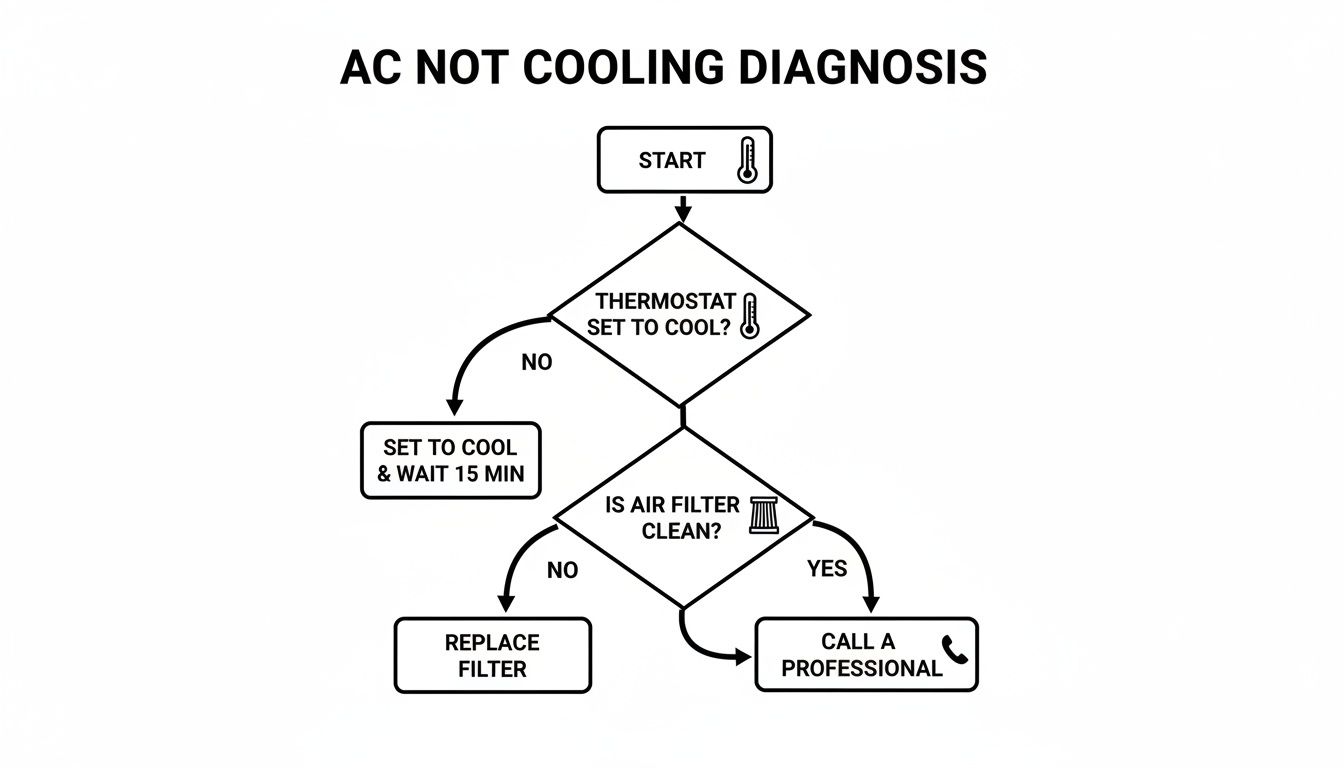 Flowchart for diagnosing an AC not cooling, guiding users through thermostat and air filter checks.