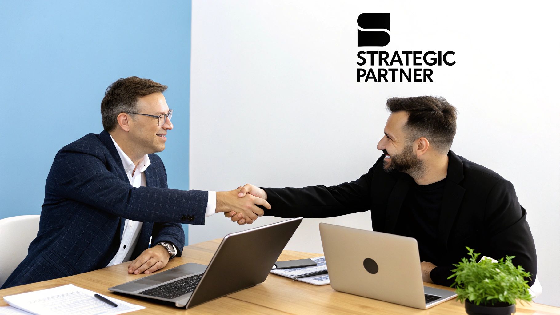 Two smiling business professionals shaking hands across a table with laptops, symbolizing a strategic partnership.