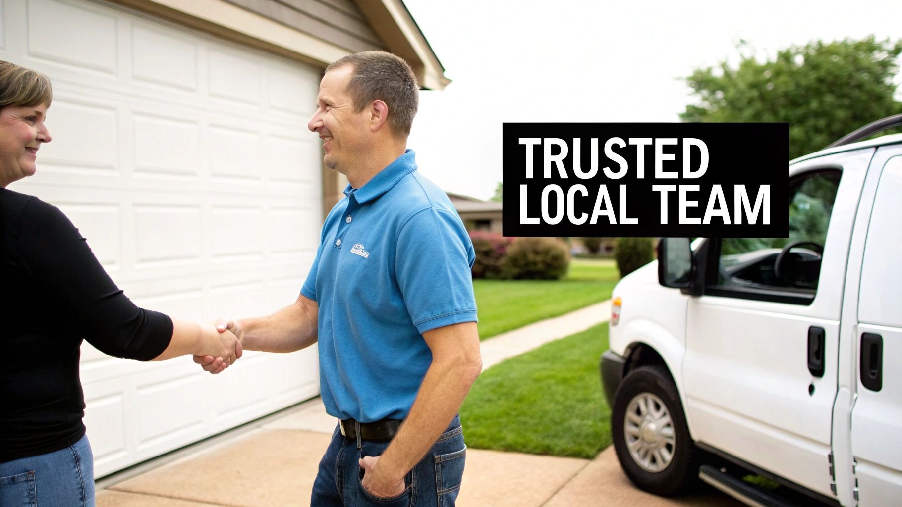 A service professional in a blue shirt shaking hands with a happy female customer in front of a home with a service van.