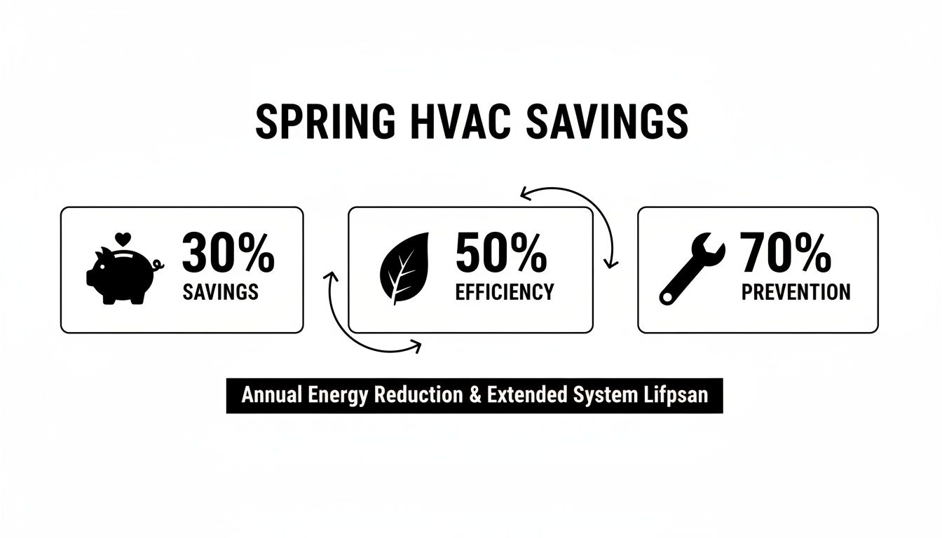 Infographic illustrating Spring HVAC savings: 30% savings, 50% efficiency, and 70% prevention for extended system lifespan.