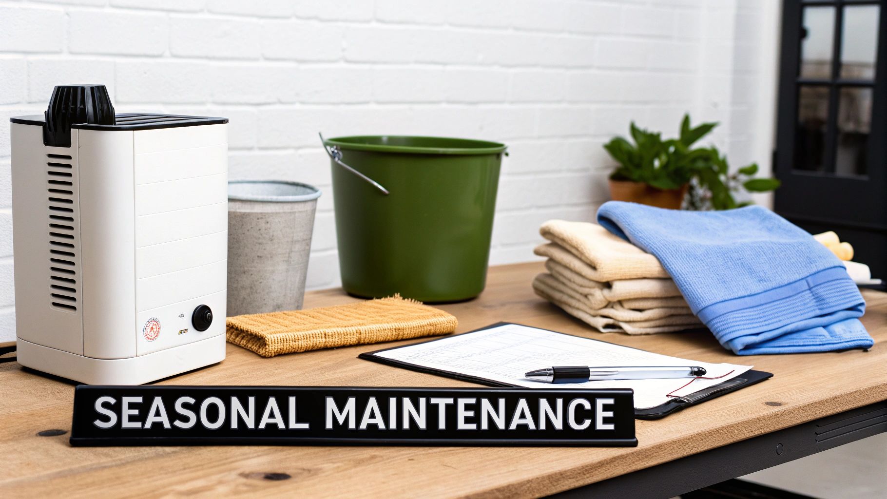 Seasonal maintenance tools and supplies on a wooden table, including a humidifier, buckets, and towels.