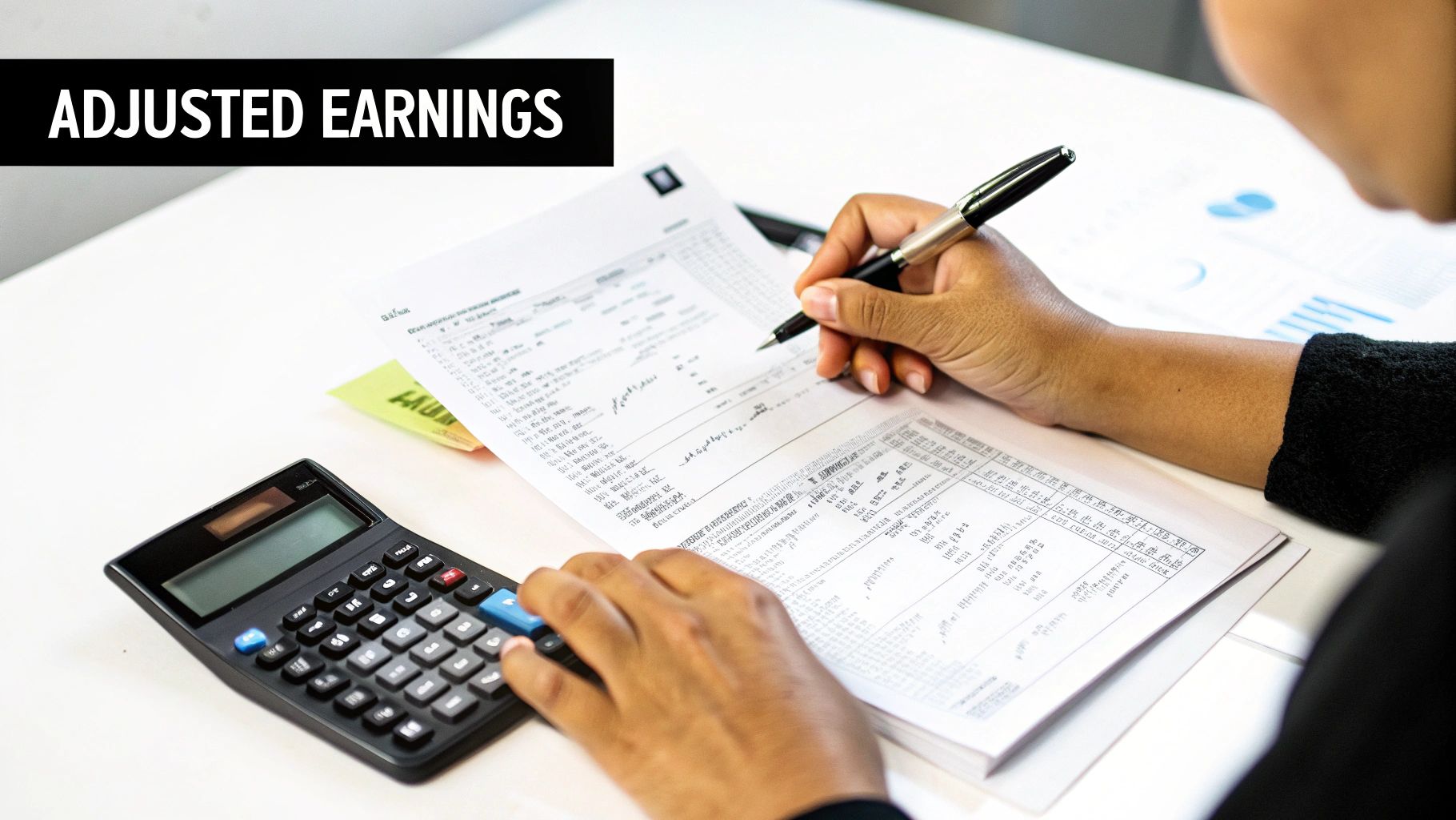A person calculates adjusted earnings, writing on financial papers with a pen and using a calculator.