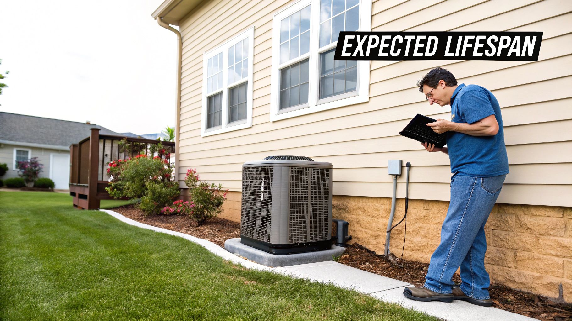 heat pump life expectancy heat pump Heat Pump Life Expectancy: How Long Do Heat Pumps Last? That constant operation is exactly why understanding its service life is so important. The average heat pump life expectancy isn't a guarantee; it's a benchmark. A system in Grandville that gets its annual tune-up will almost certainly outlast a neglected unit over in Allendale. The durability of your investment is directly tied to the care you put into it. Man inspects an outdoor heat pump unit next to a house with text 'EXPECTED LIFESPAN'.