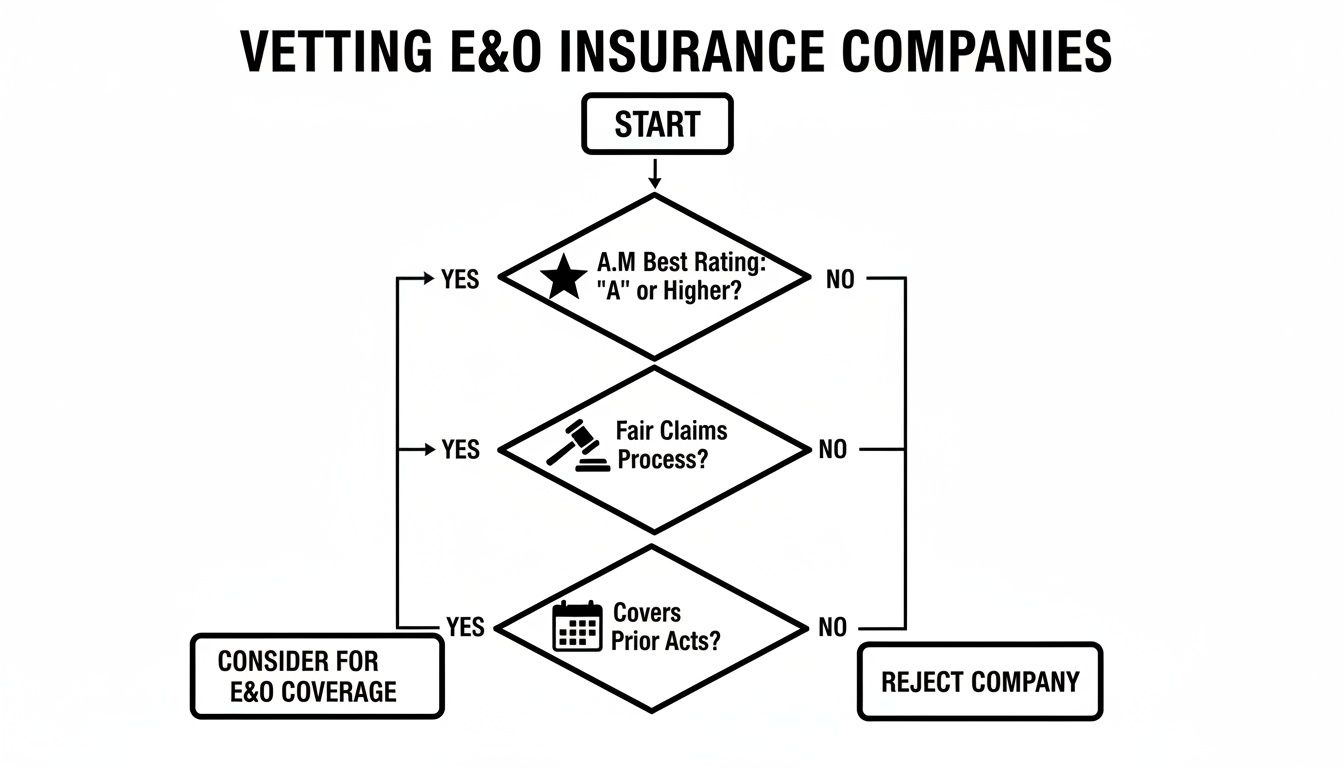 Flowchart detailing the process to vet E&O insurance companies based on key criteria.
