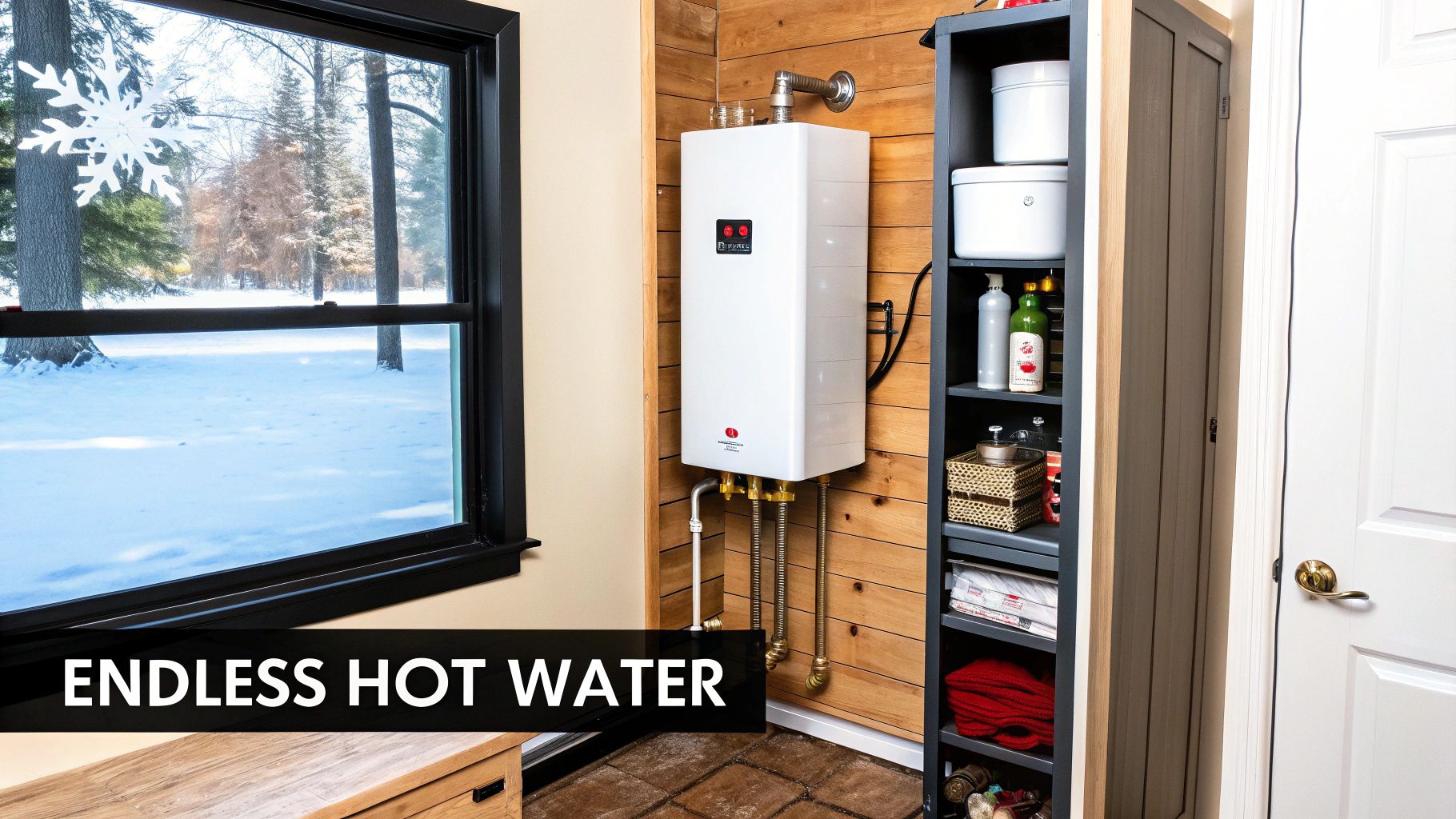 White tankless water heater installed on a wood-paneled wall next to a snowy window and storage shelves.