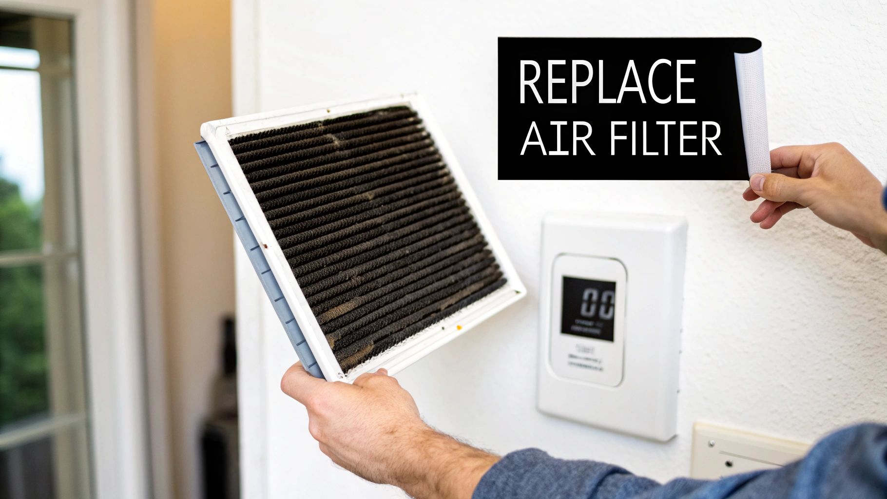 A person holds a very dirty air filter next to a wall-mounted unit and a 'REPLACE AIR FILTER' sign.