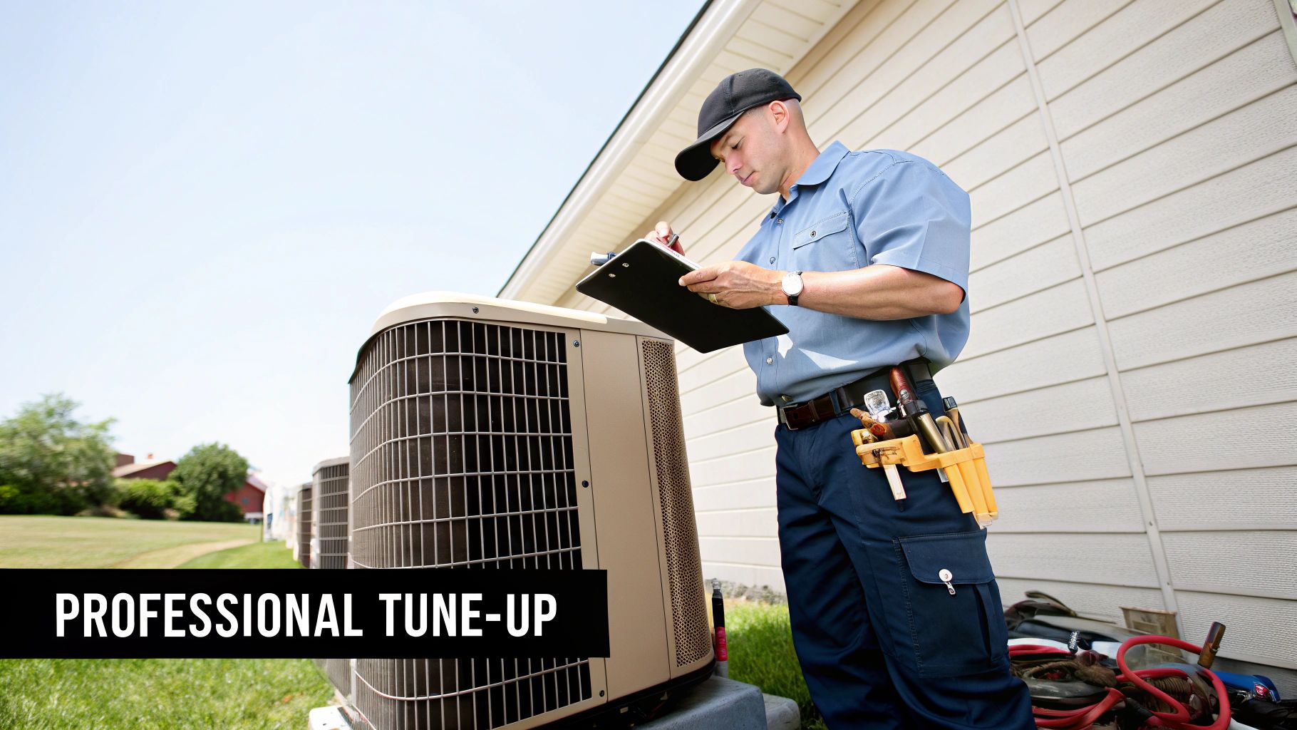 how to clean ac condenser unit ac maintenance How to Clean AC Condenser Unit a West Michigan Guide Giving your AC condenser unit a good cleaning is a pretty simple job. It mostly involves cutting the power, clearing away any gunk, and giving the outside coils a gentle rinse. Here in West Michigan, this small task can make a huge difference in your system's efficiency and help you dodge some expensive repair bills down the road. Just think of it as some much-needed spring cleaning for your home's comfort system, prepping it for the cooling season. An HVAC technician in uniform inspects an outdoor air conditioning unit with a clipboard.