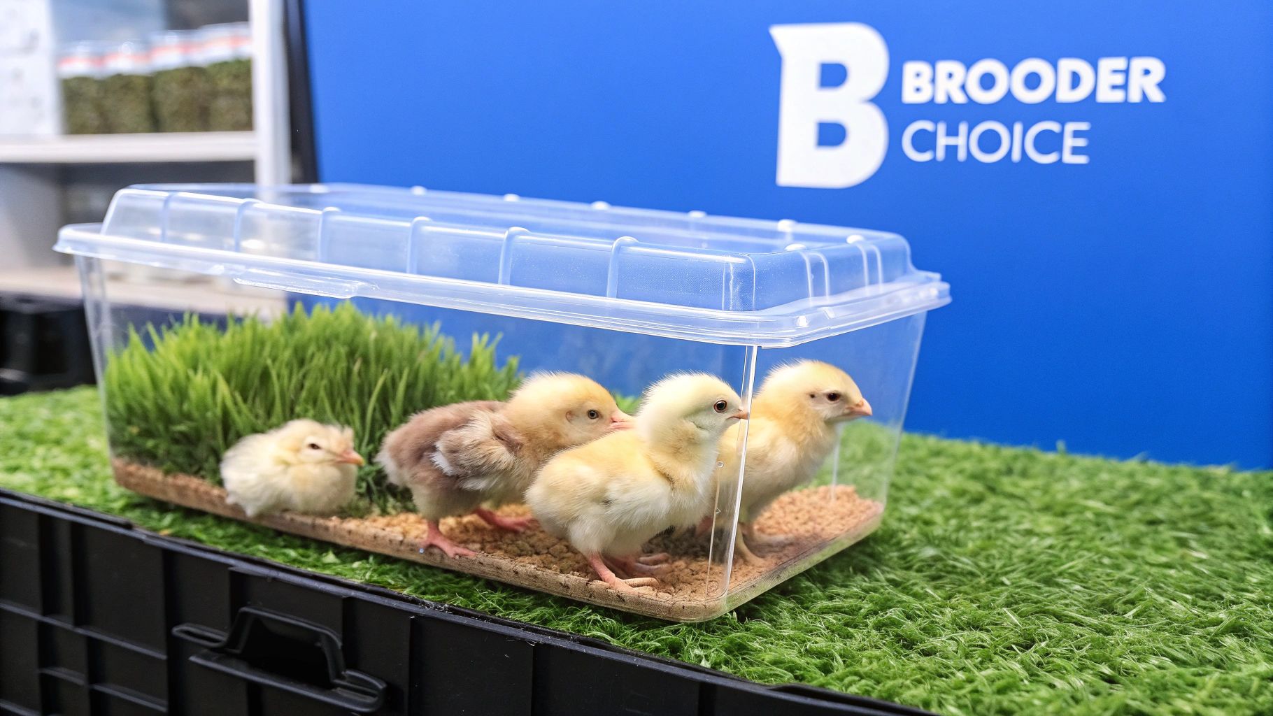 A clear plastic tub set up as a chick brooder with a heat plate, feeder, and waterer inside, with several young chicks exploring their new home.