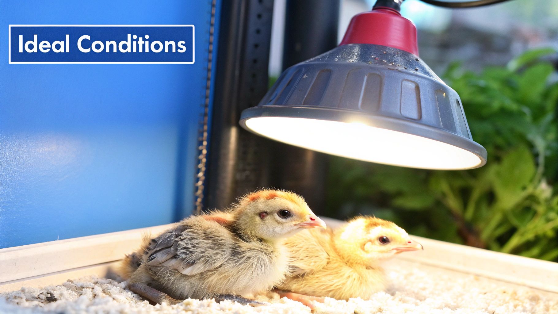 A clear image showing pheasant chicks gathered comfortably under a red heat lamp in a clean brooder, demonstrating proper temperature management.