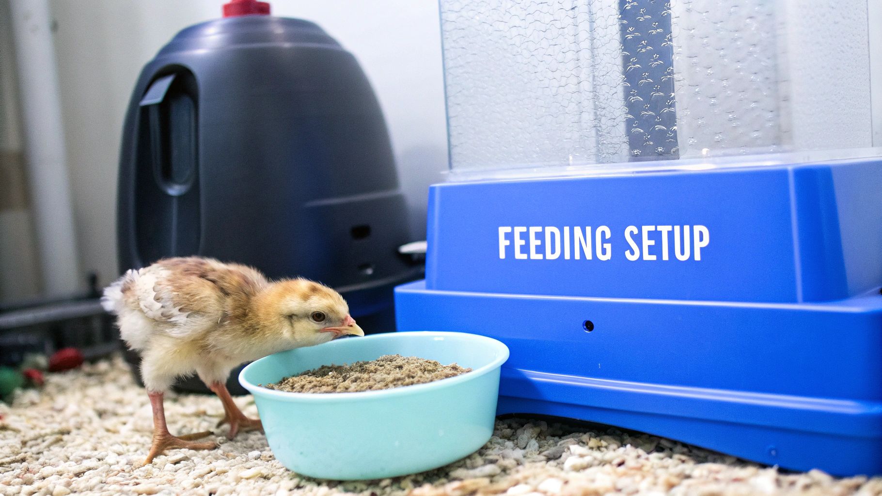 A person's hands gently cleaning a chick brooder, replacing the bedding while young chicks are temporarily moved to one side.