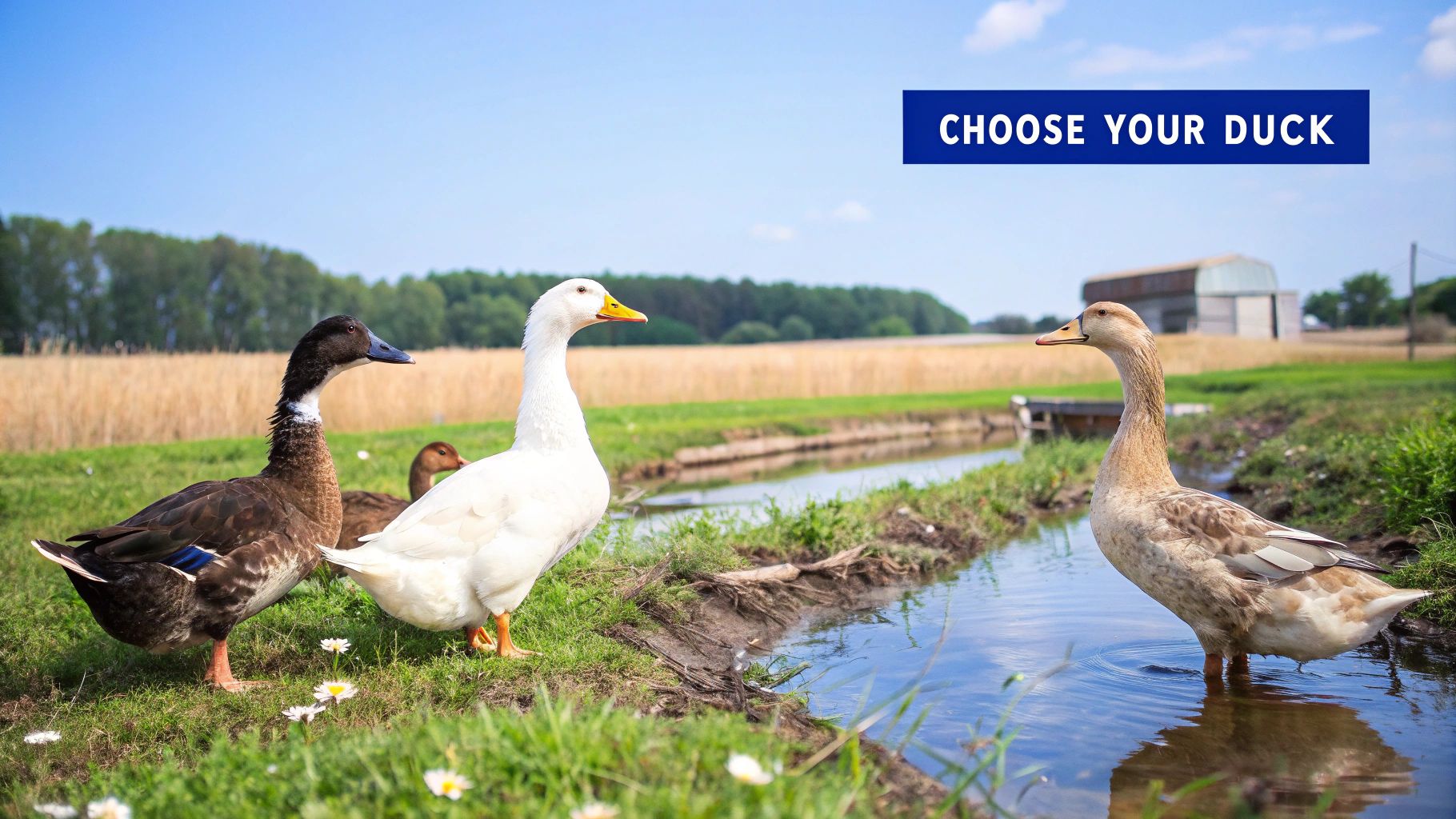 Two small, yellow ducklings standing on a wooden surface with green grass in the background