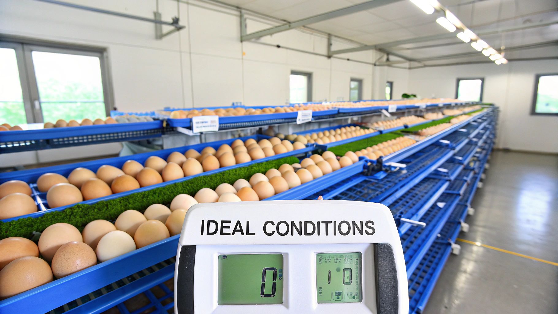 A person candling a duck egg in a dark room, with the light revealing the embryo inside.