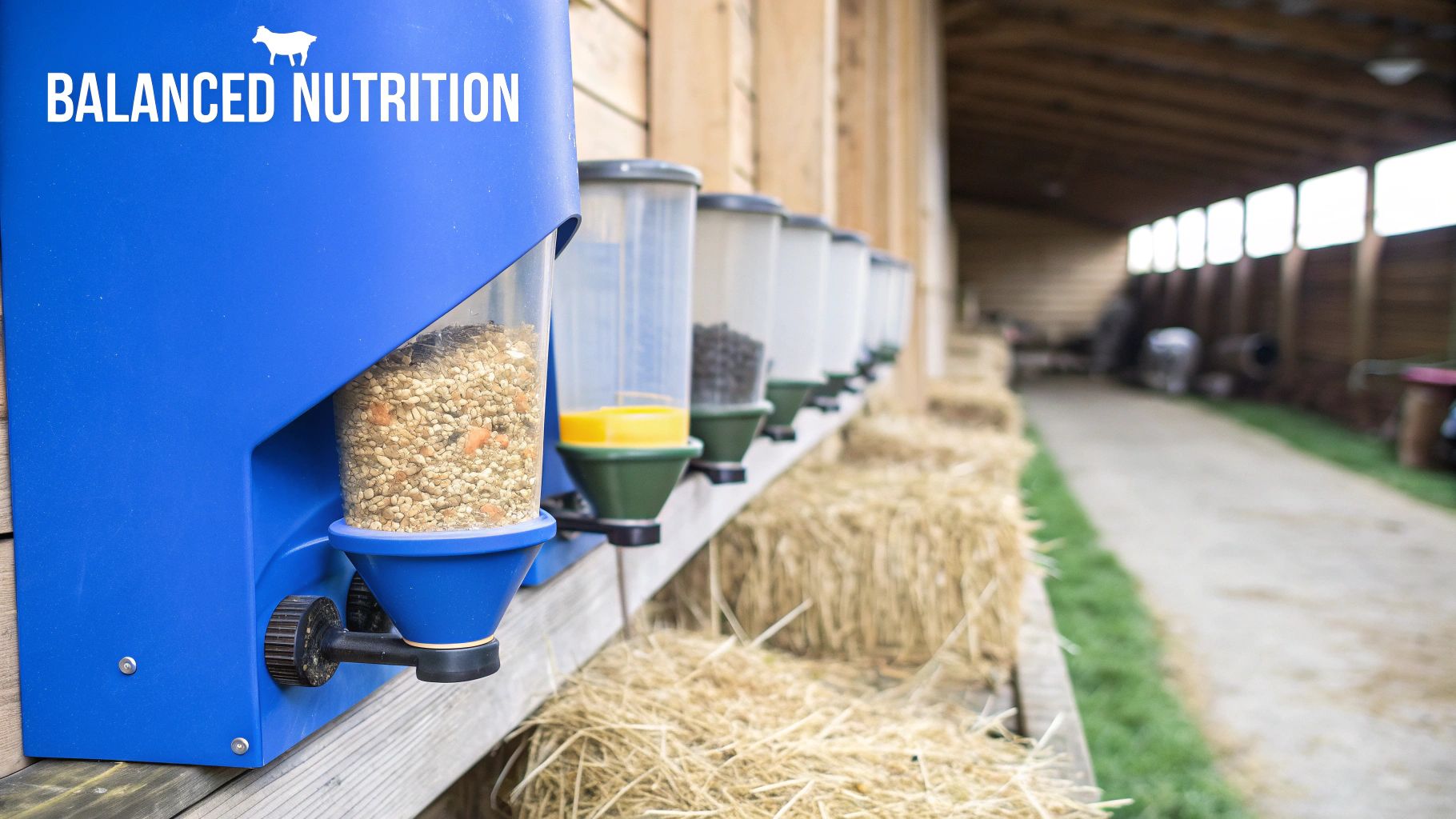 A person's hand scooping poultry feed from a bag into a red feeder.