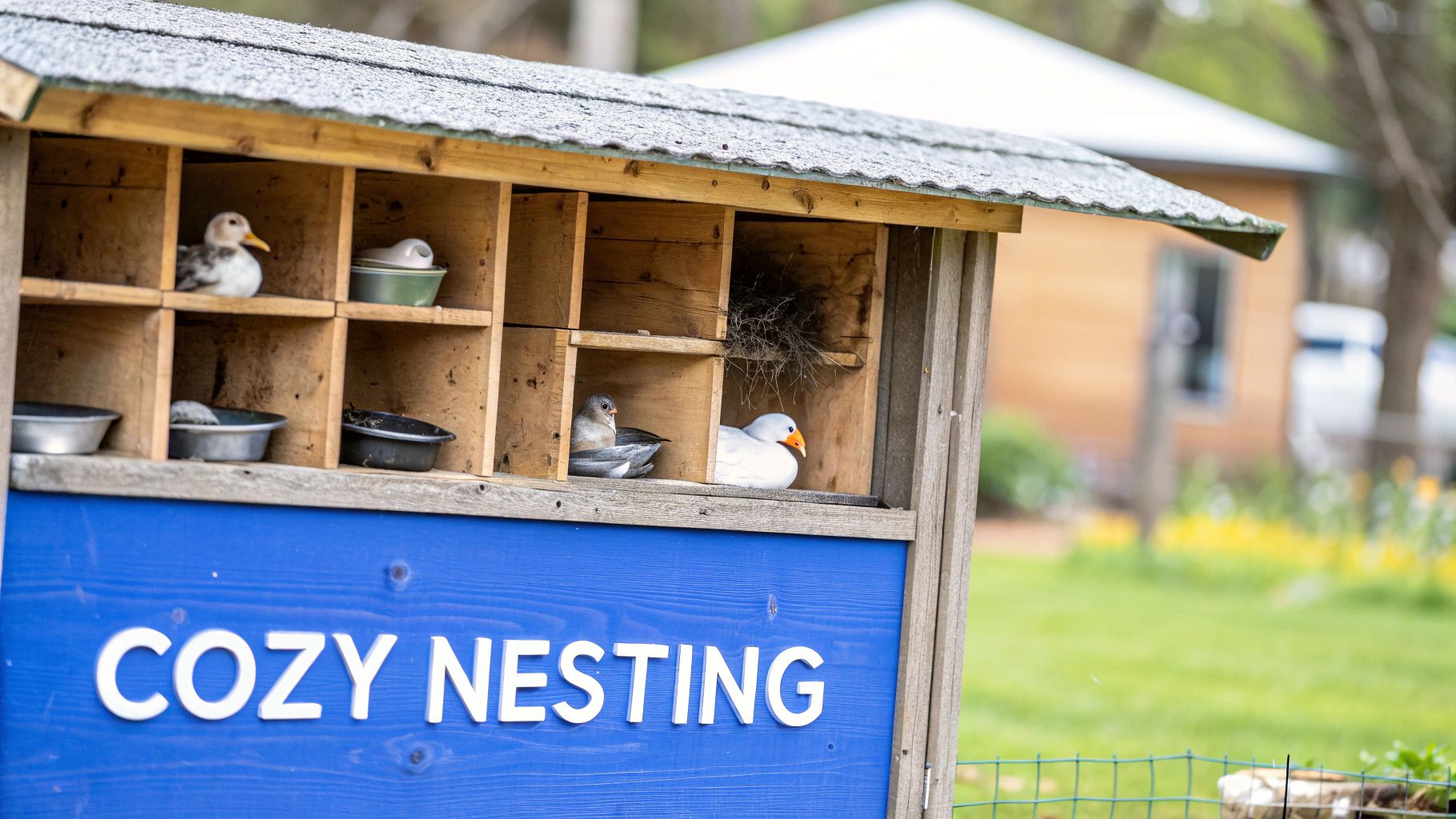 A flock of brown and white ducks foraging in a green, grassy area with a wooden duck house in the background.