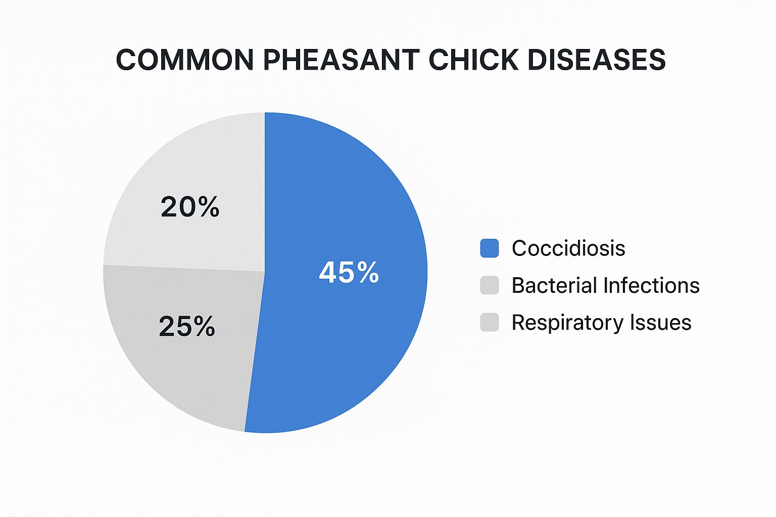An infographic showing the percentage breakdown of common pheasant chick diseases. Coccidiosis is at 45%, Bacterial Infections at 30%, and Respiratory Issues at 25%.