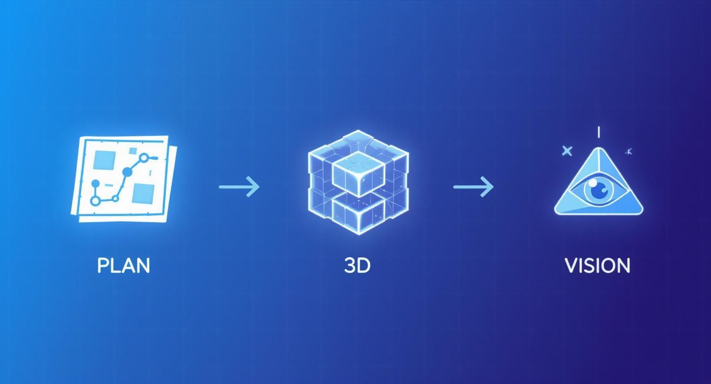 Processus de visualisation architecturale en trois étapes : plan en 2D, modélisation 3D et rendu final avec vision