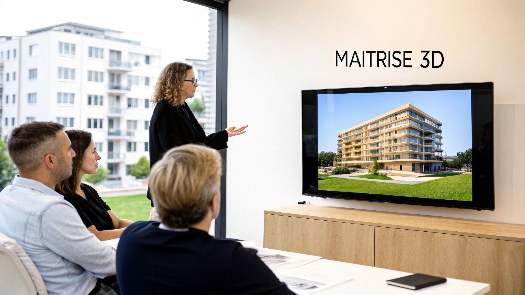Une femme présente un projet architectural 3D sur un écran à des collègues en réunion.