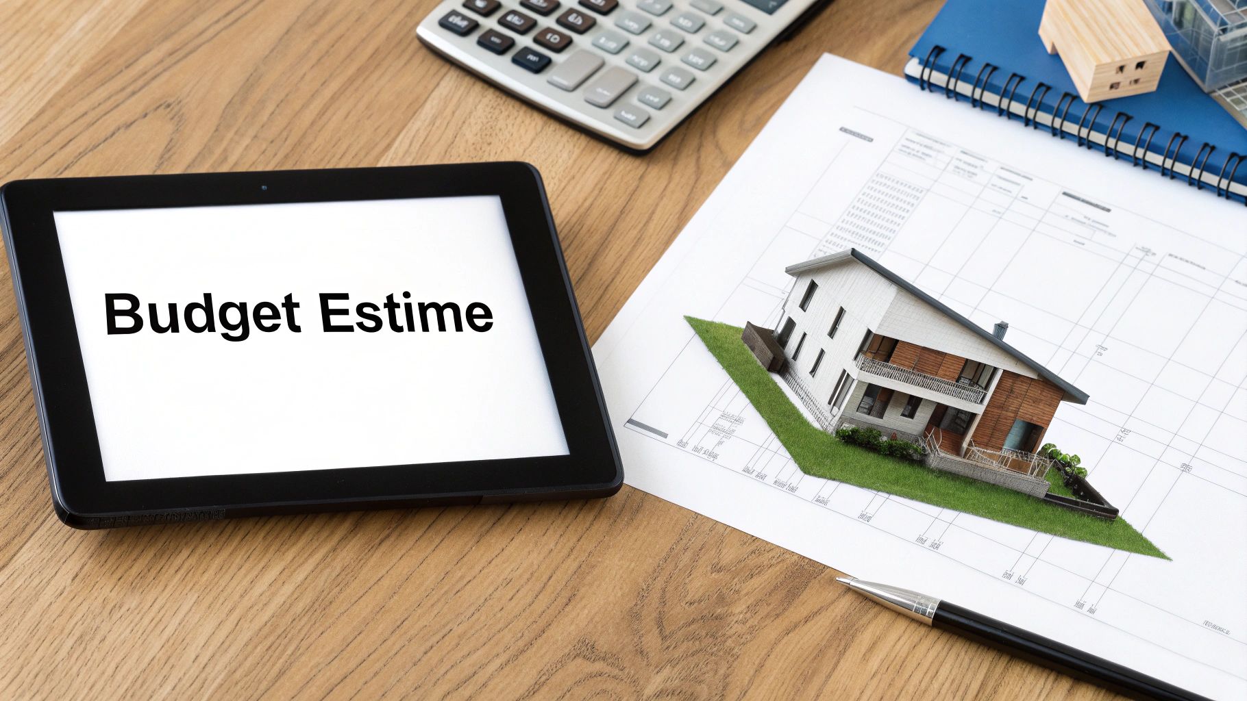 Une tablette affiche 'Budget Estime' sur un bureau en bois avec une calculatrice, un modèle de maison et des plans de construction.