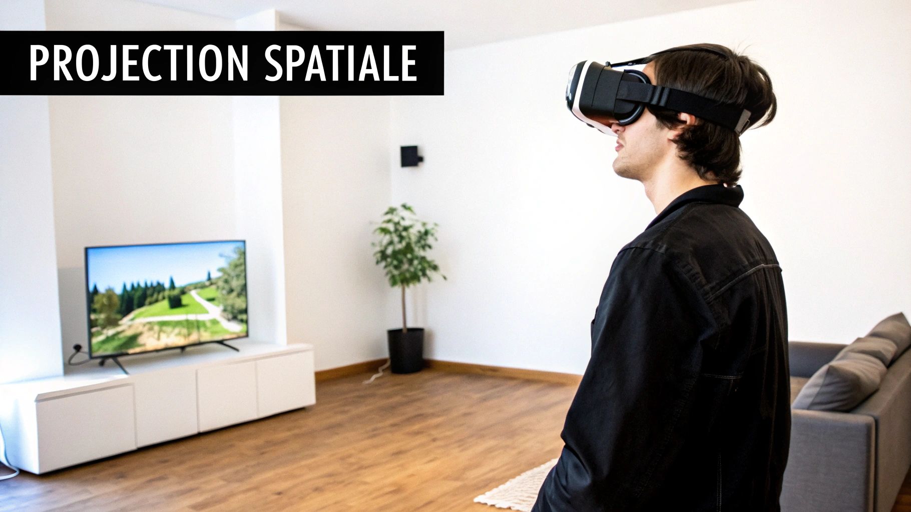 Jeune homme portant un casque de réalité virtuelle dans un salon moderne avec une télévision affichant un paysage.