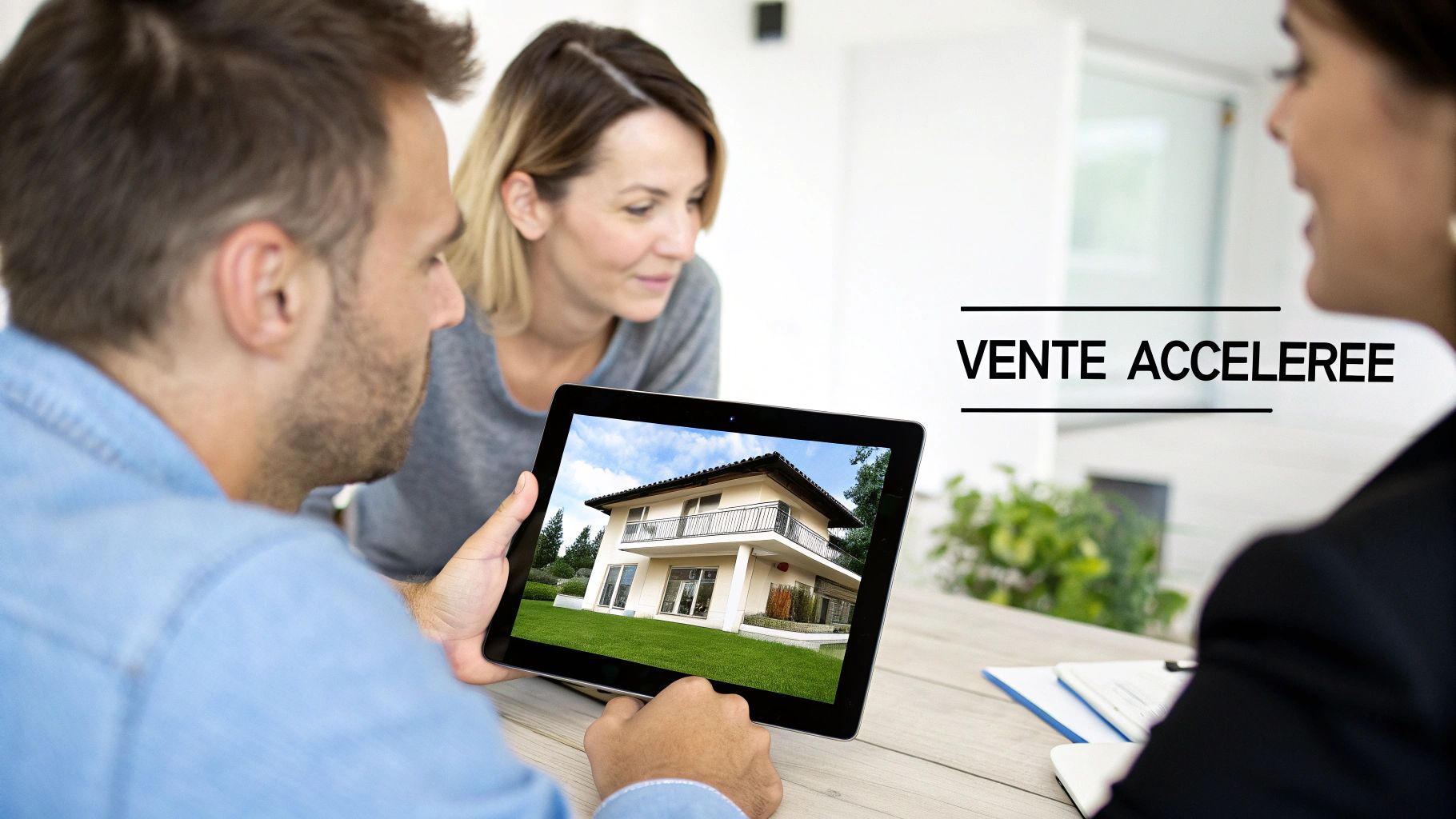 Un couple consulte des annonces immobilières sur une tablette avec un agent, pour une vente accélérée.