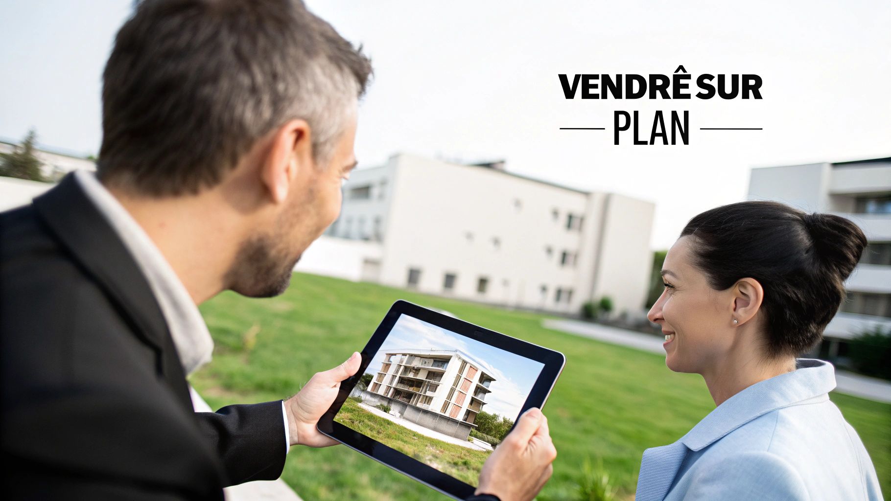 Agent immobilier présentant un projet de construction sur tablette à une cliente souriante en extérieur
