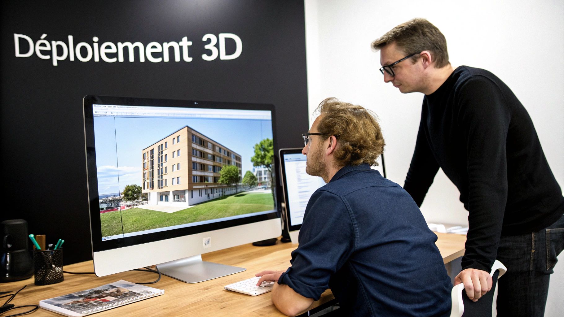 Deux hommes examinent un rendu architectural 3D sur un écran d'ordinateur, avec 'Déploiement 3D' affiché au mur.