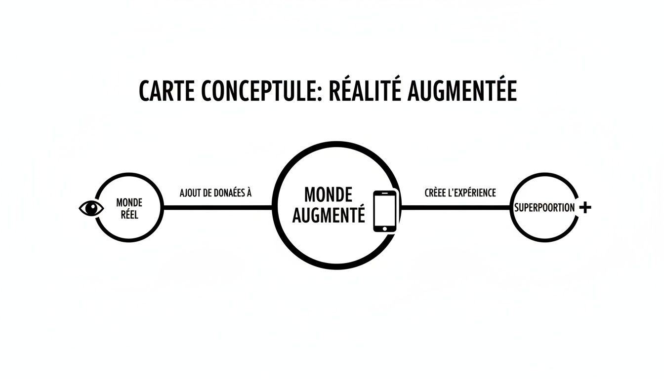 Carte conceptuelle illustrant la réalité augmentée, montrant le passage du monde réel au monde augmenté et à la superposition de l'expérience.