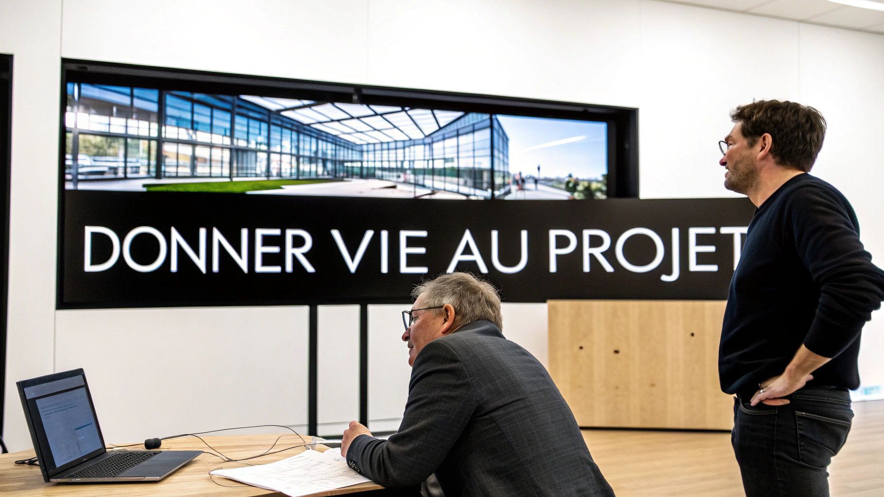 Deux hommes regardent un écran de présentation affichant un projet architectural et le slogan 'Donner vie au projet'.