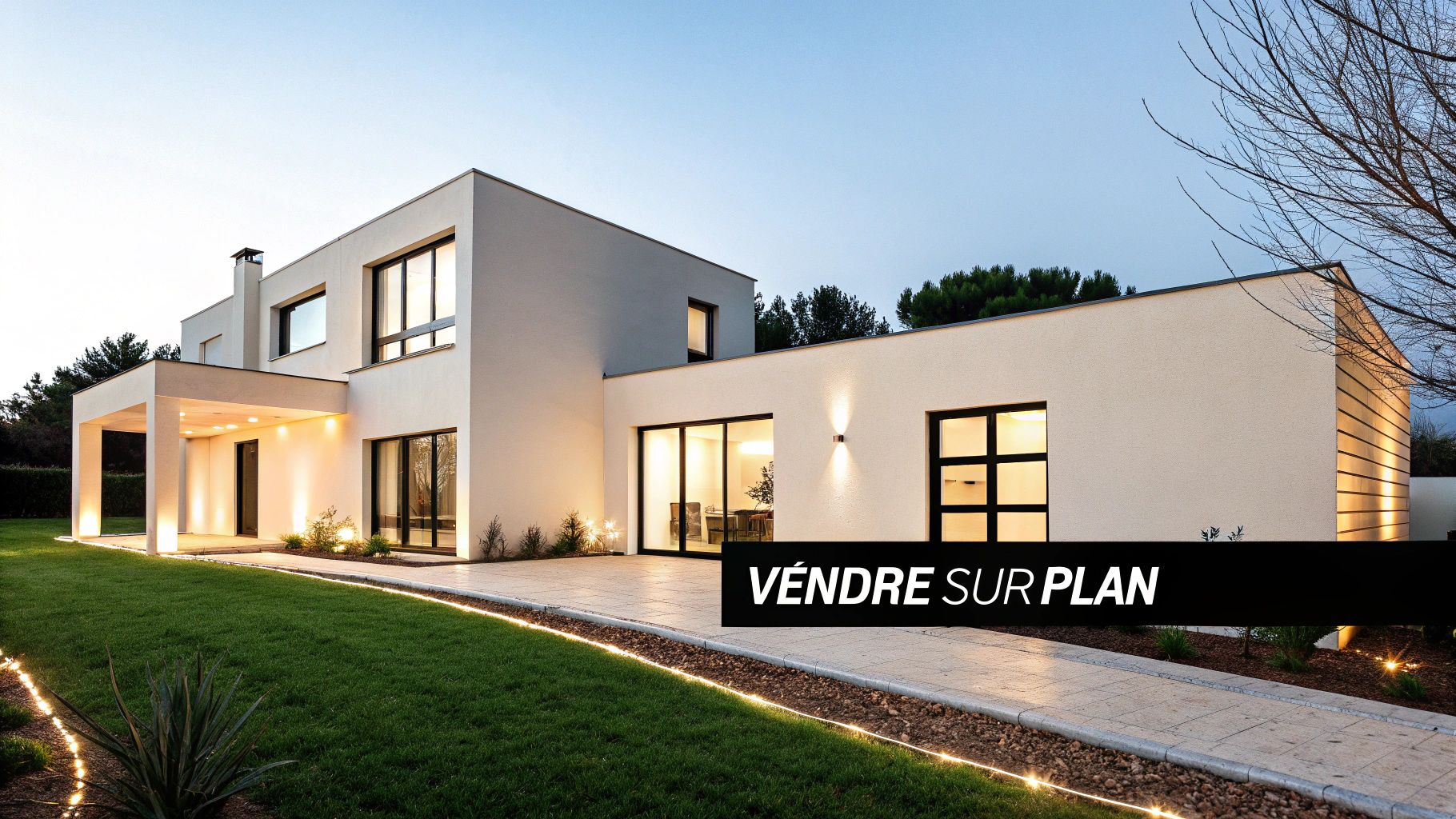Superbe maison moderne blanche avec un jardin paysager et des lumières extérieures au crépuscule, affichant "VENDRE SUR PLAN".